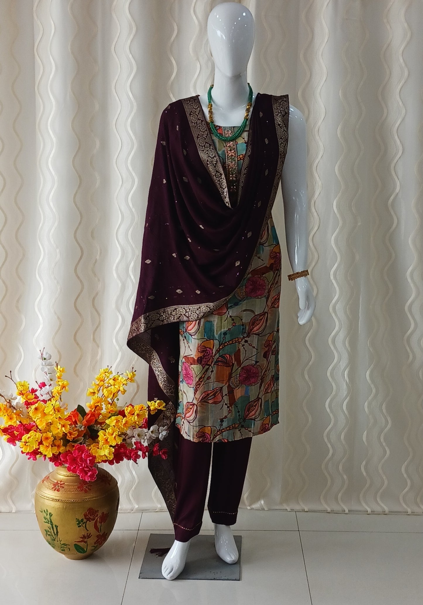 Maroon Straight Cut 3 - Piece Suit with Duppatta and Sleeveless with Attached Sleeves
