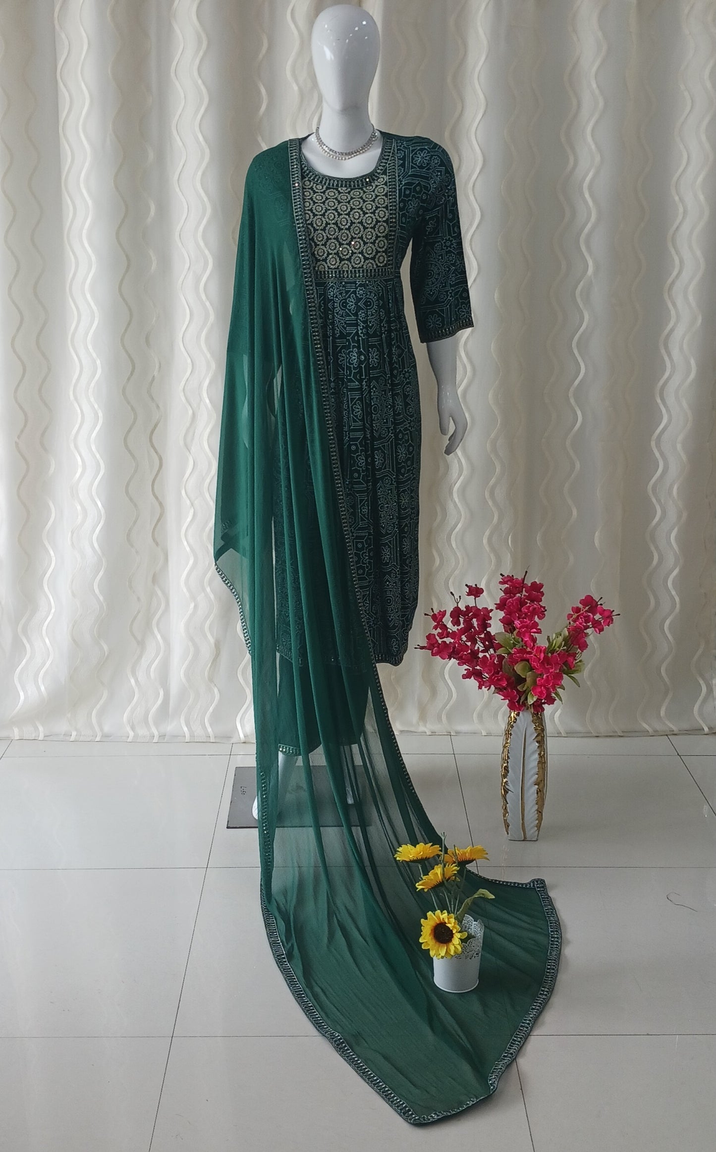 Dark Green Straight Cut 3 - Piece Suit with Dupatta and Sleeveless with Attached Sleeves