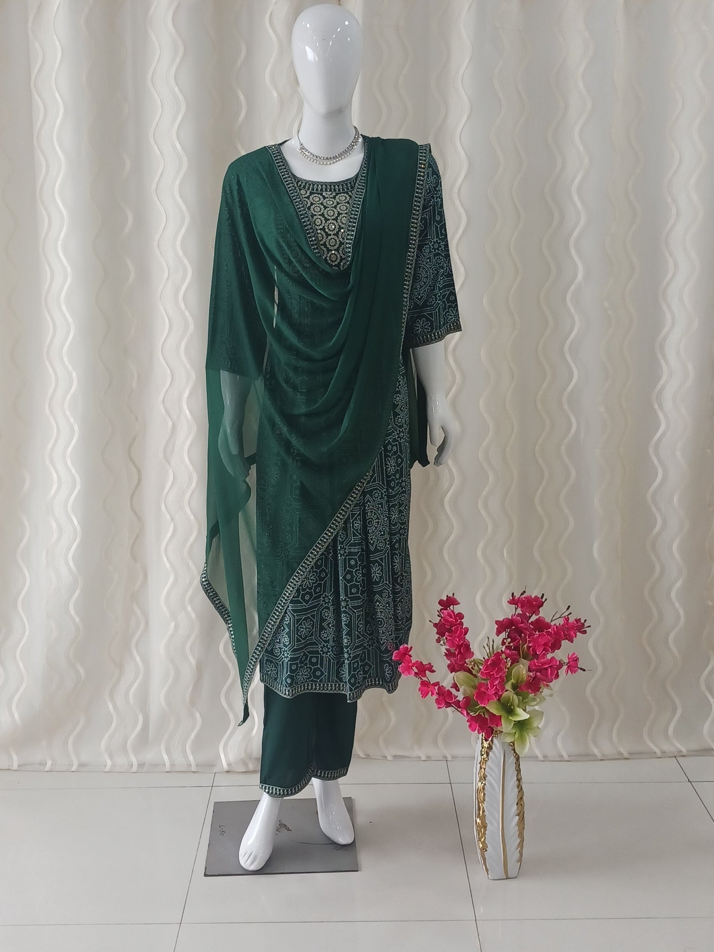Dark Green Straight Cut 3 - Piece Suit with Dupatta and Sleeveless with Attached Sleeves