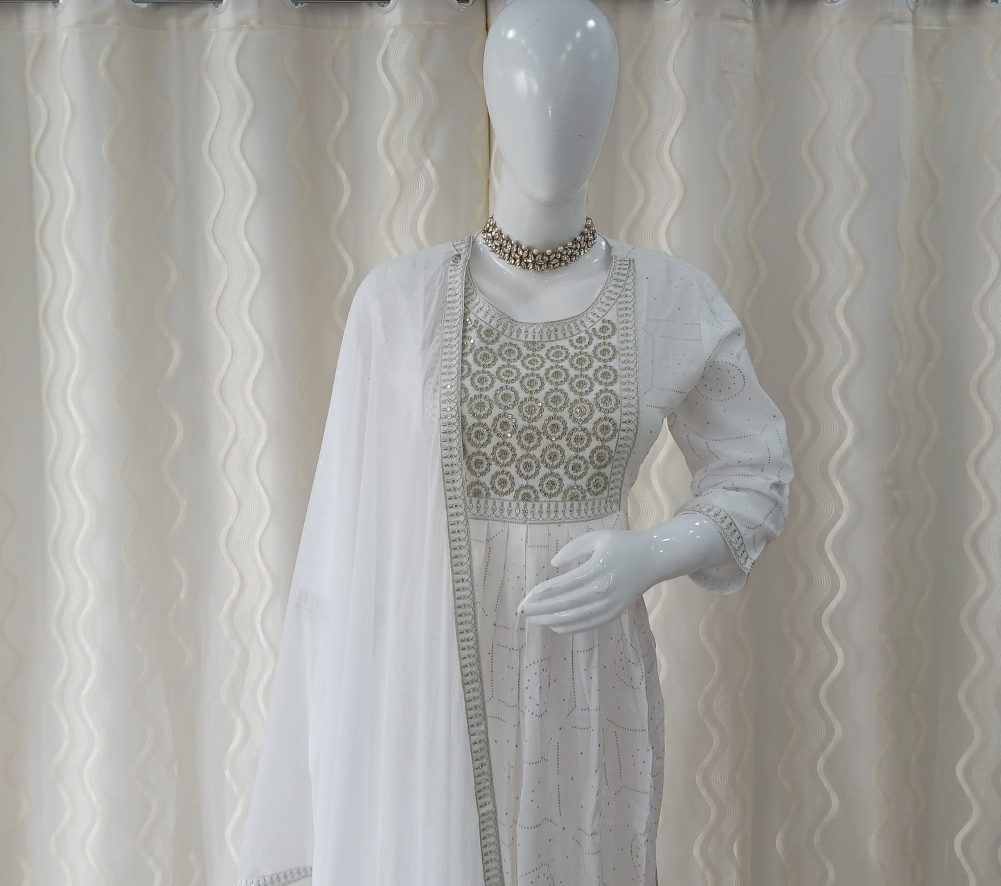 White Straight Cut 3 - Piece Suit with Dupatta and Sleeveless with Attached Sleeves