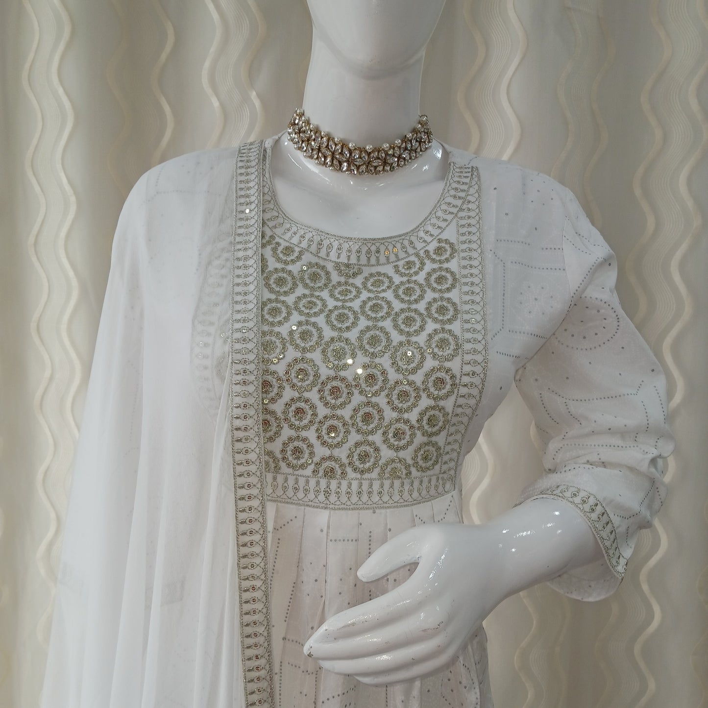 White Straight Cut 3 - Piece Suit with Dupatta and Sleeveless with Attached Sleeves