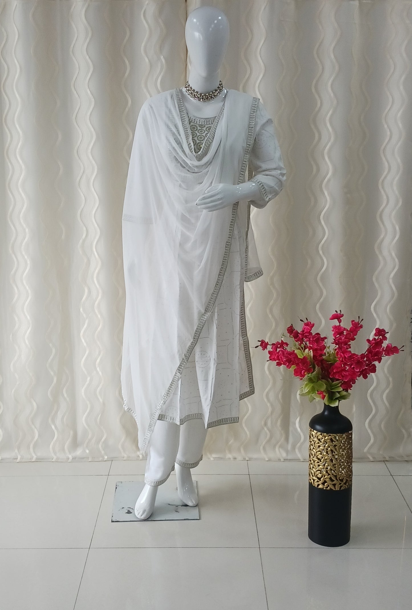White Straight Cut 3 - Piece Suit with Dupatta and Sleeveless with Attached Sleeves