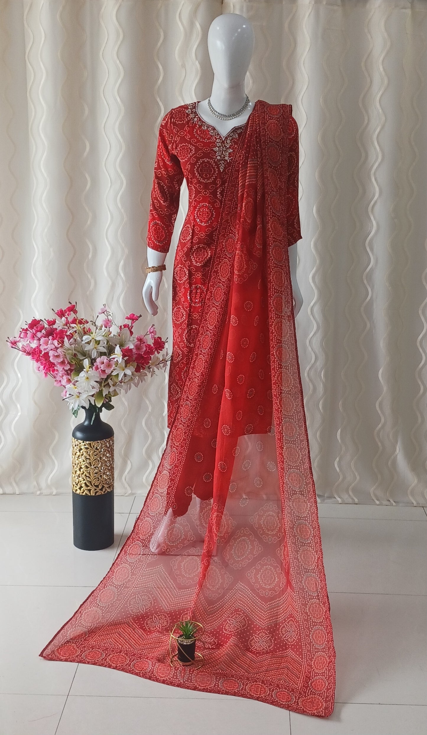 Bandhini Straight Cut 3 - Piece Suit with Duppatta and With 3/4 Sleeves