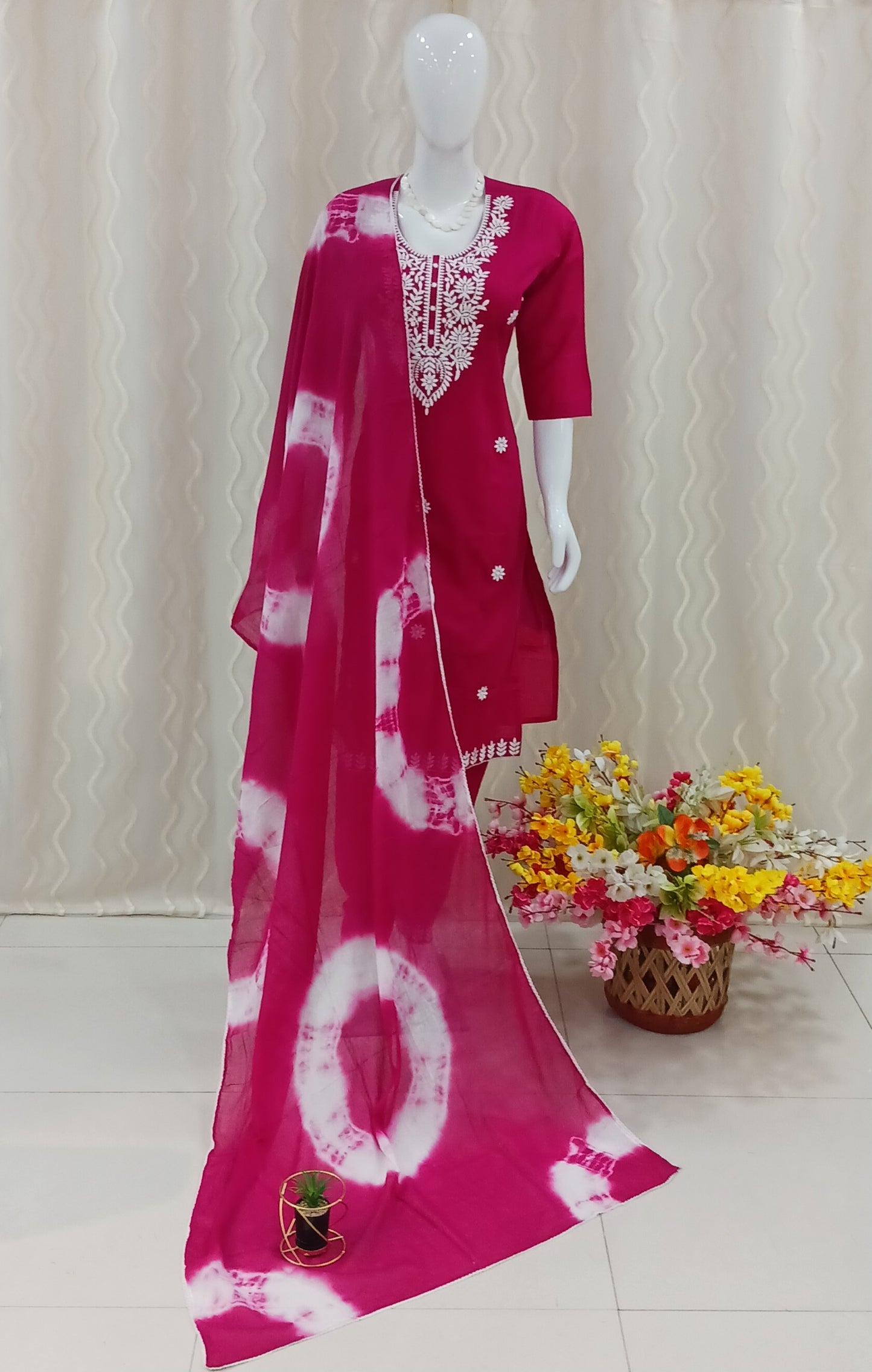 Straight Cut 3 - Piece Suit with Dupatta and 3/4 Sleeve