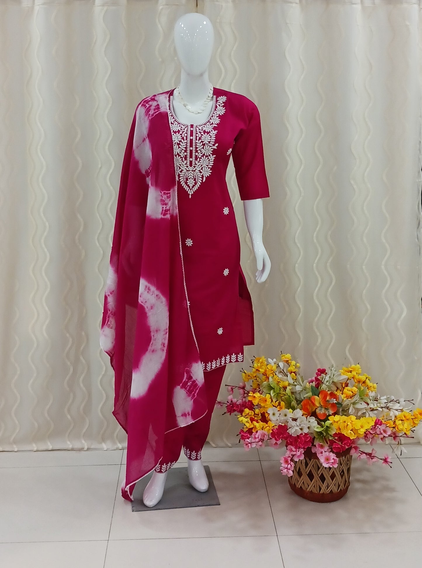 Straight Cut 3 - Piece Suit with Dupatta and 3/4 Sleeve