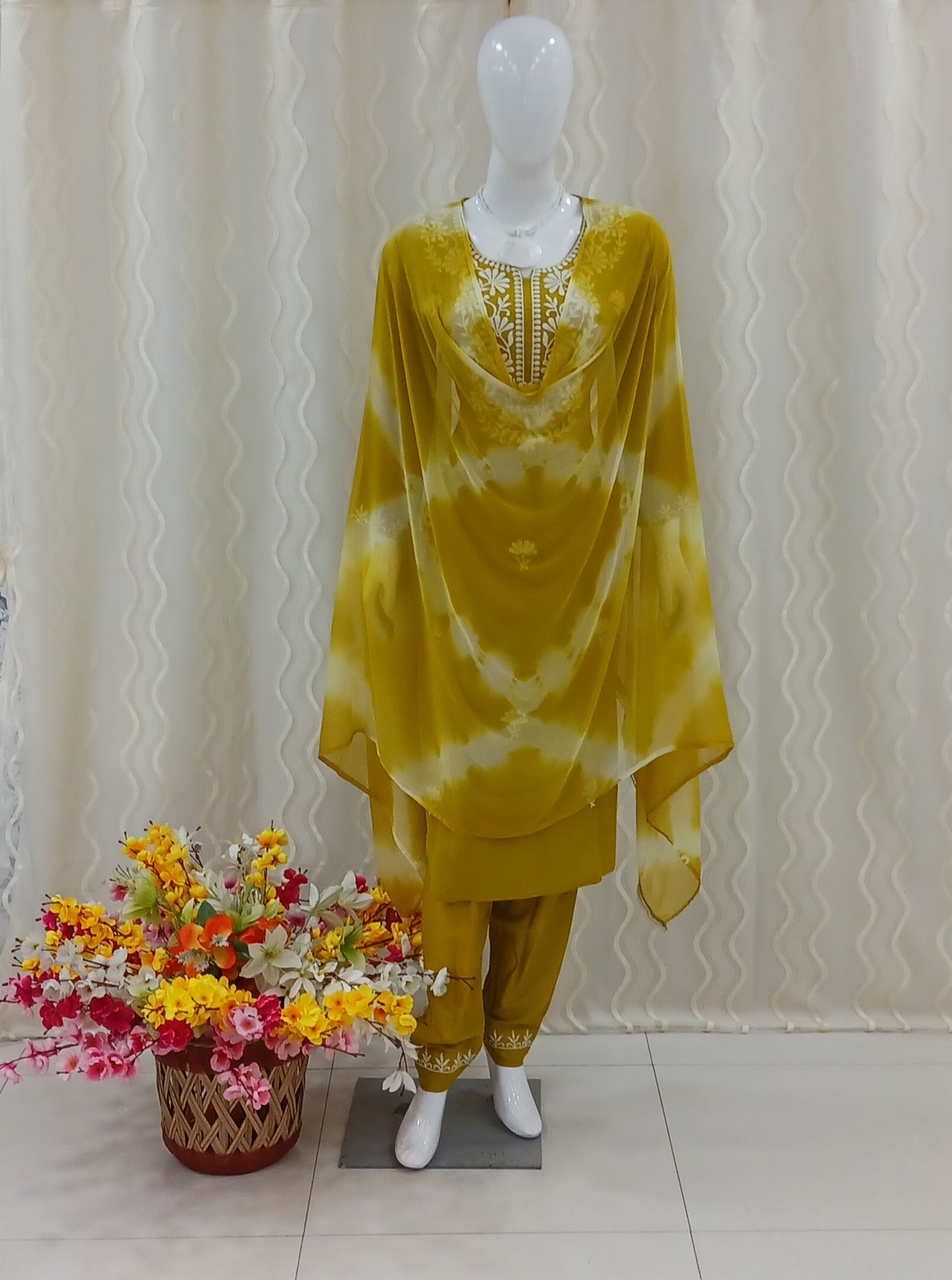 Straight Cut 3 - Piece Suit with Dupatta With 3/4 Sleeves