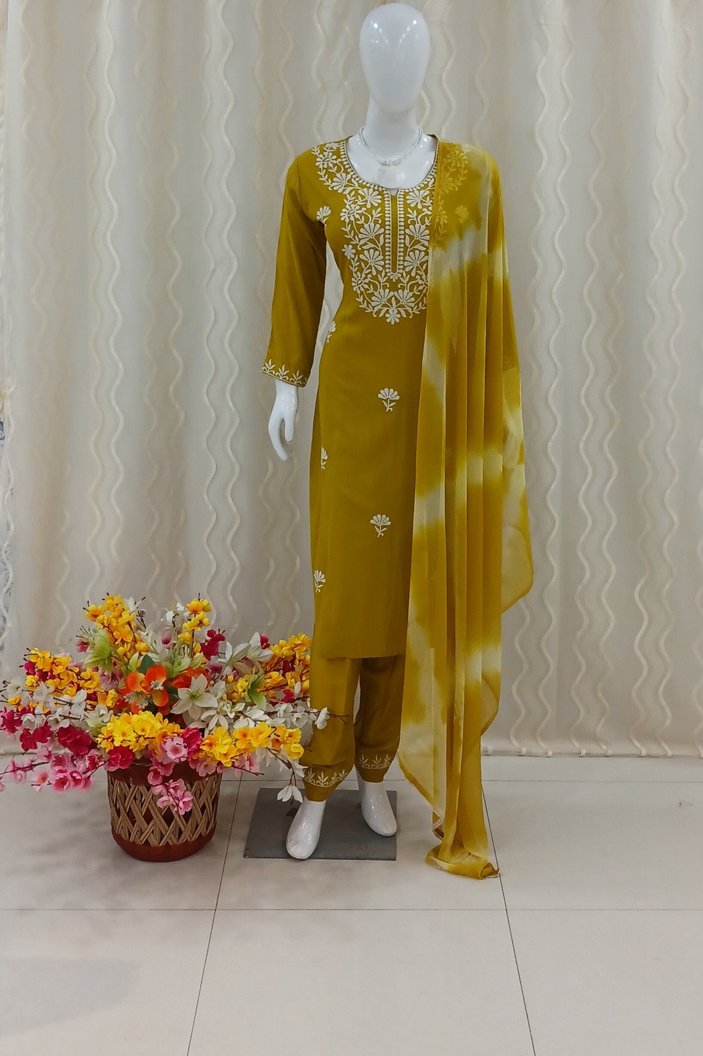 Straight Cut 3 - Piece Suit with Dupatta With 3/4 Sleeves