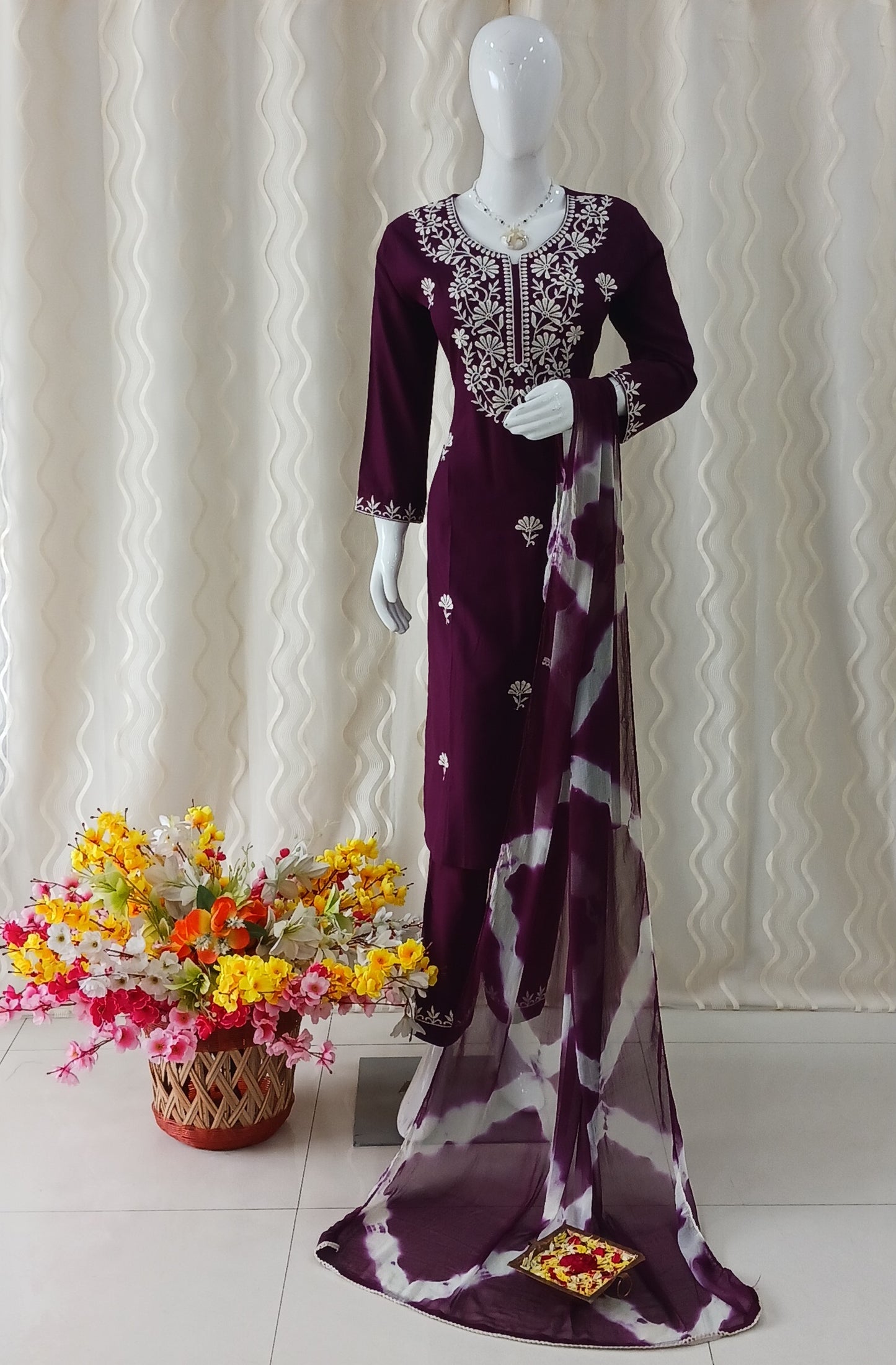 Straight Cut 3 - Piece Suit with Dupatta With 3/4 Sleeves