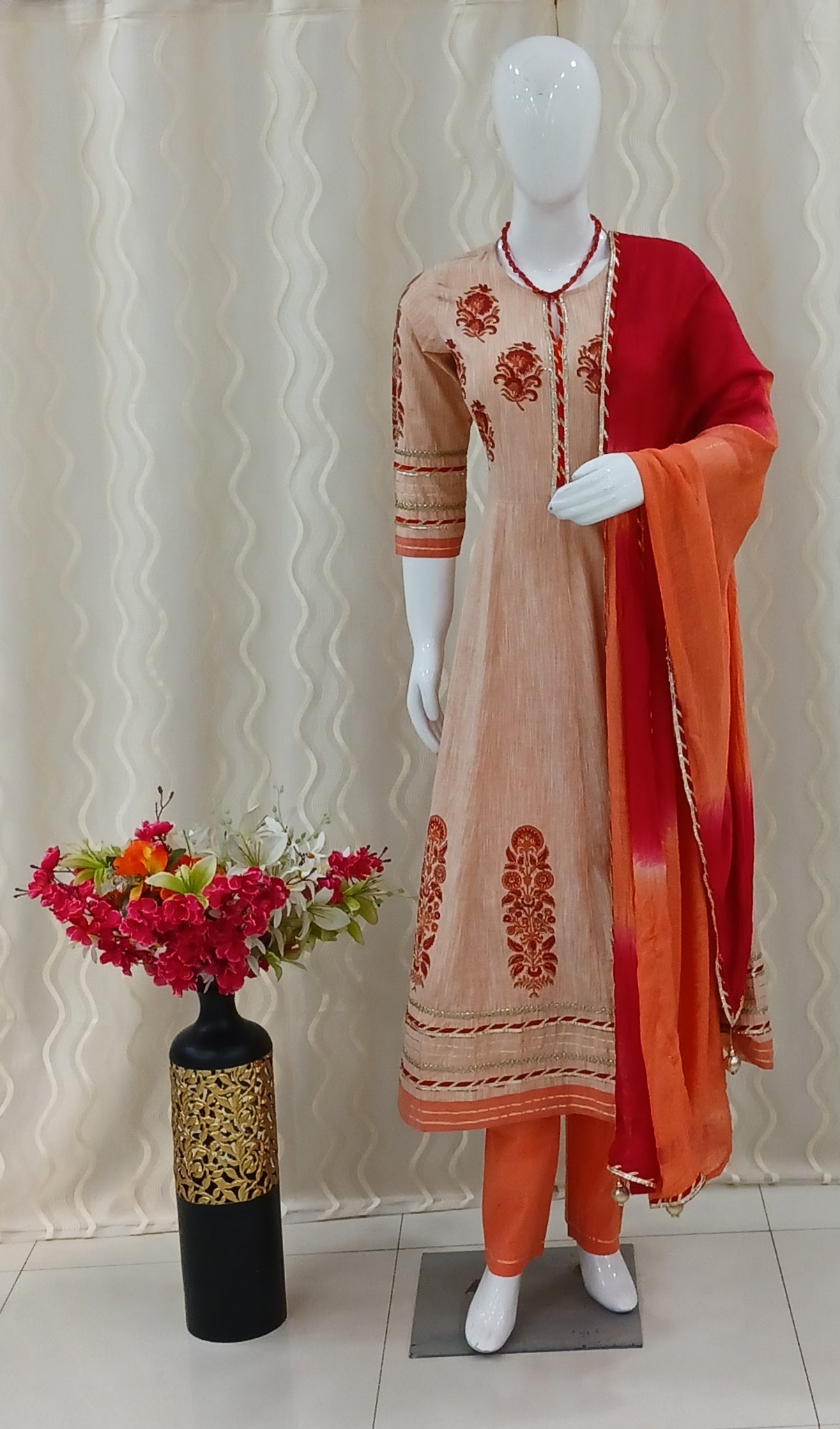 Anarkali Straight Cut 3 - Piece Suit with Dupatta and With 3/4 Sleeves