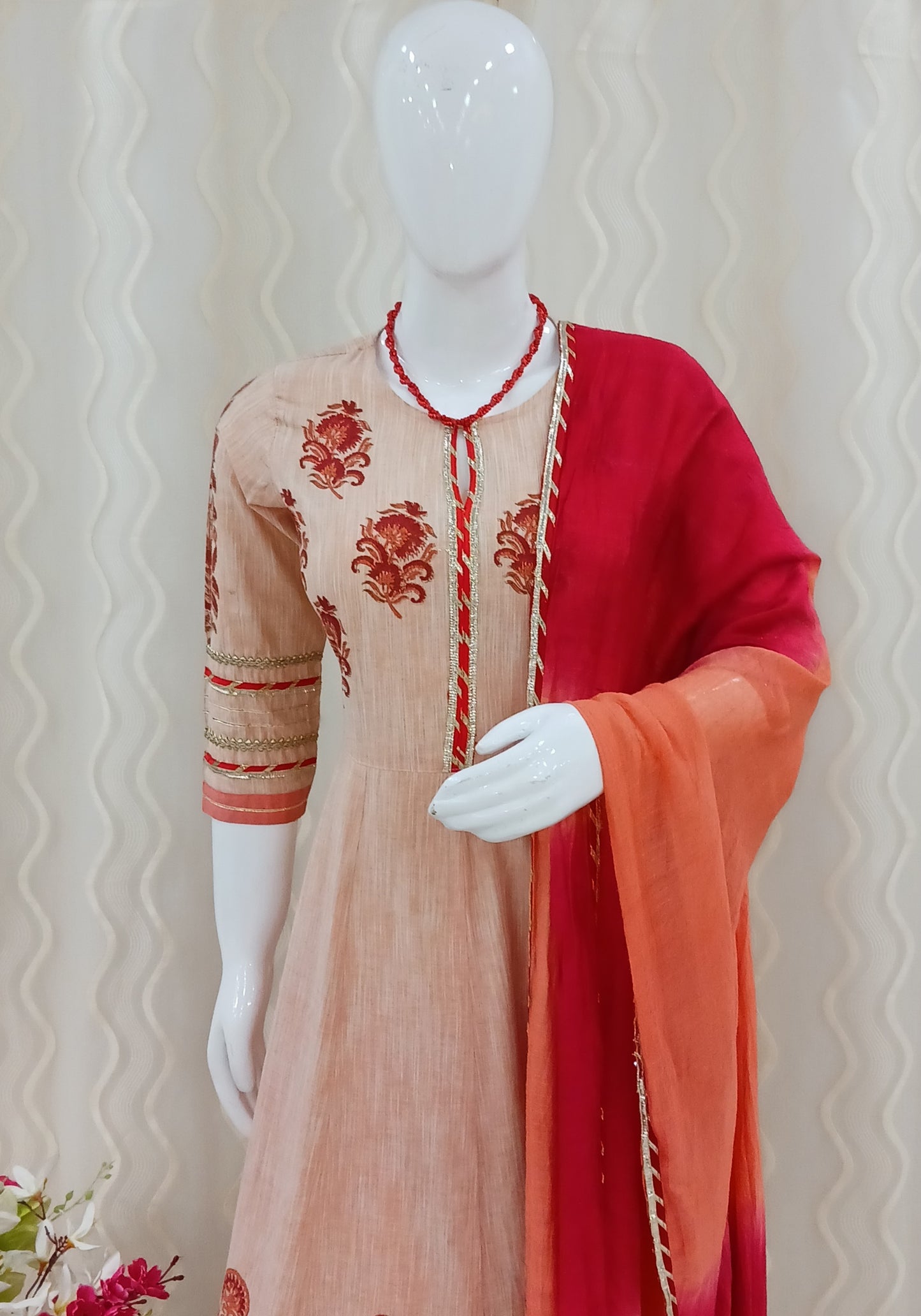 Anarkali Straight Cut 3 - Piece Suit with Dupatta and With 3/4 Sleeves