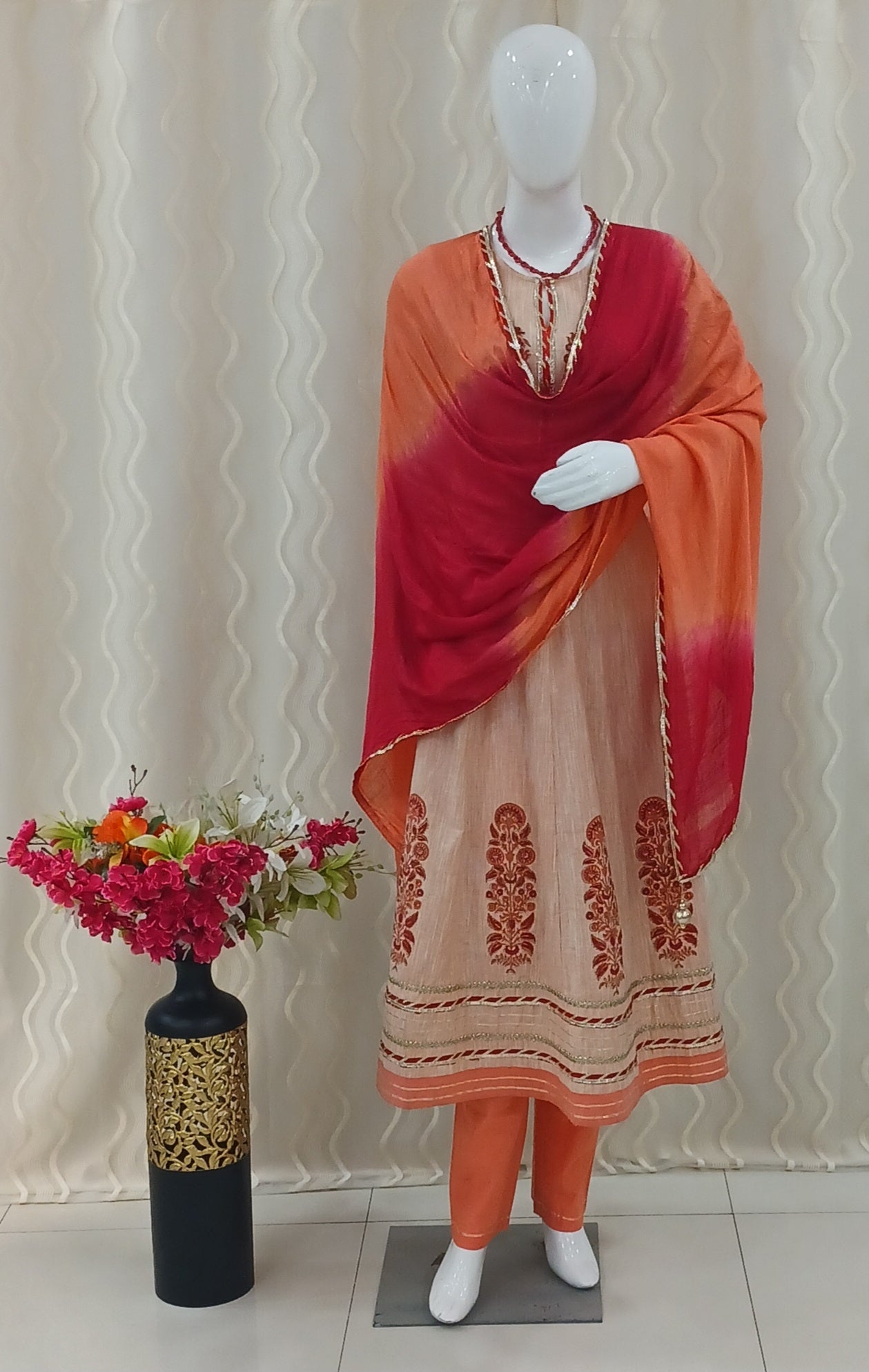 Anarkali Straight Cut 3 - Piece Suit with Dupatta and With 3/4 Sleeves