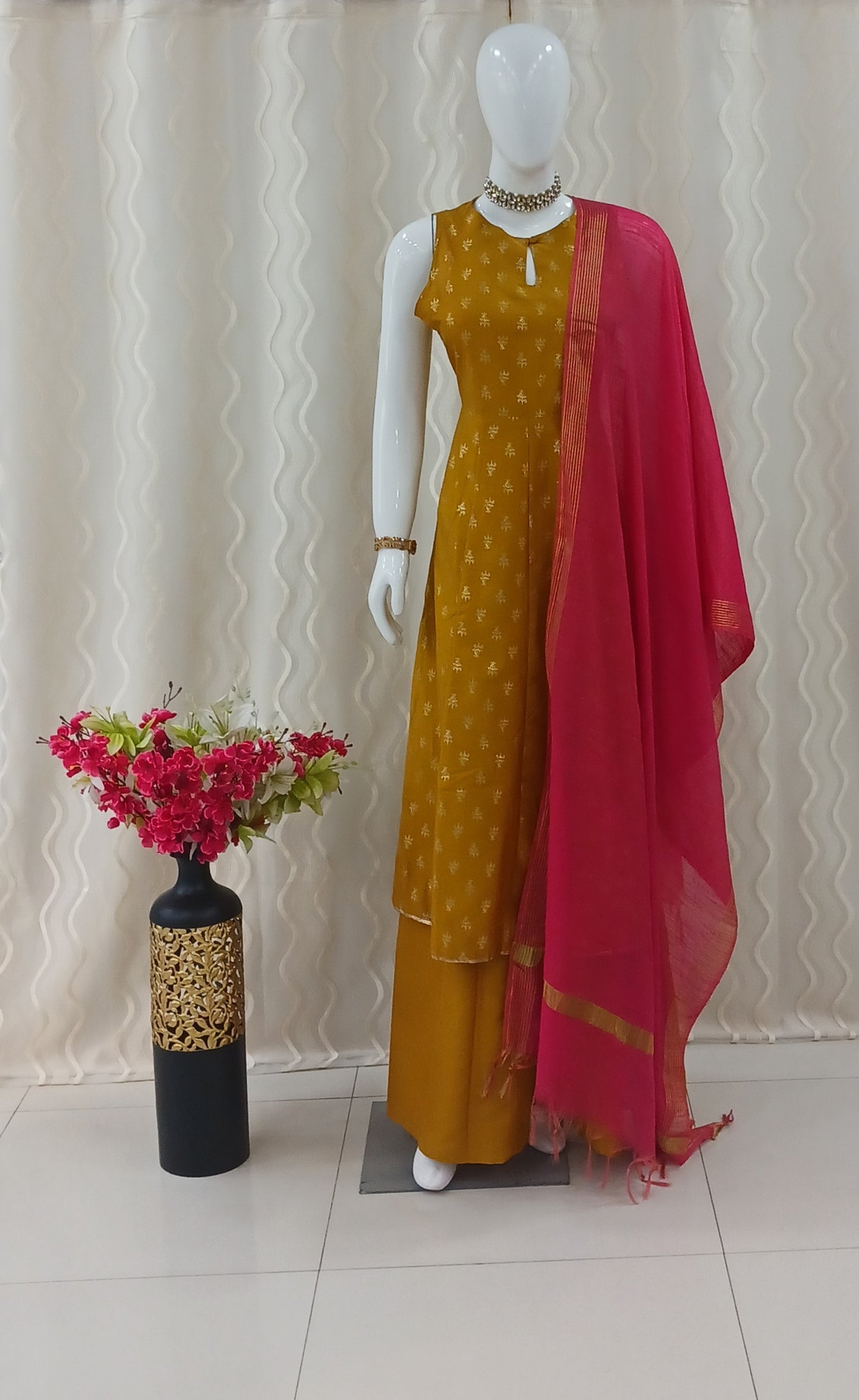 Anarkali Cut 3-Piece Suit with Dupatta and Sleeveless Design