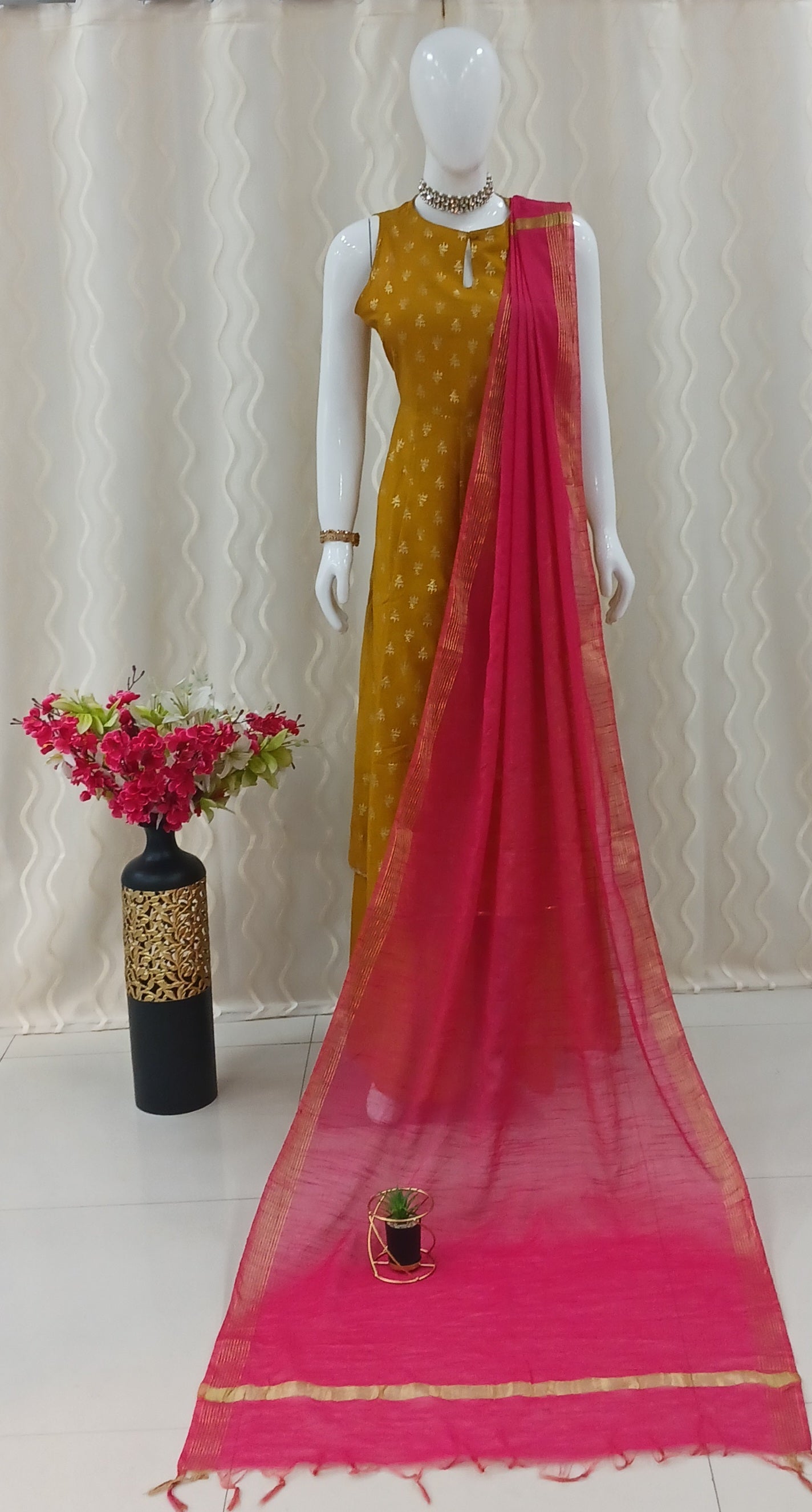 Anarkali Cut 3-Piece Suit with Dupatta and Sleeveless Design