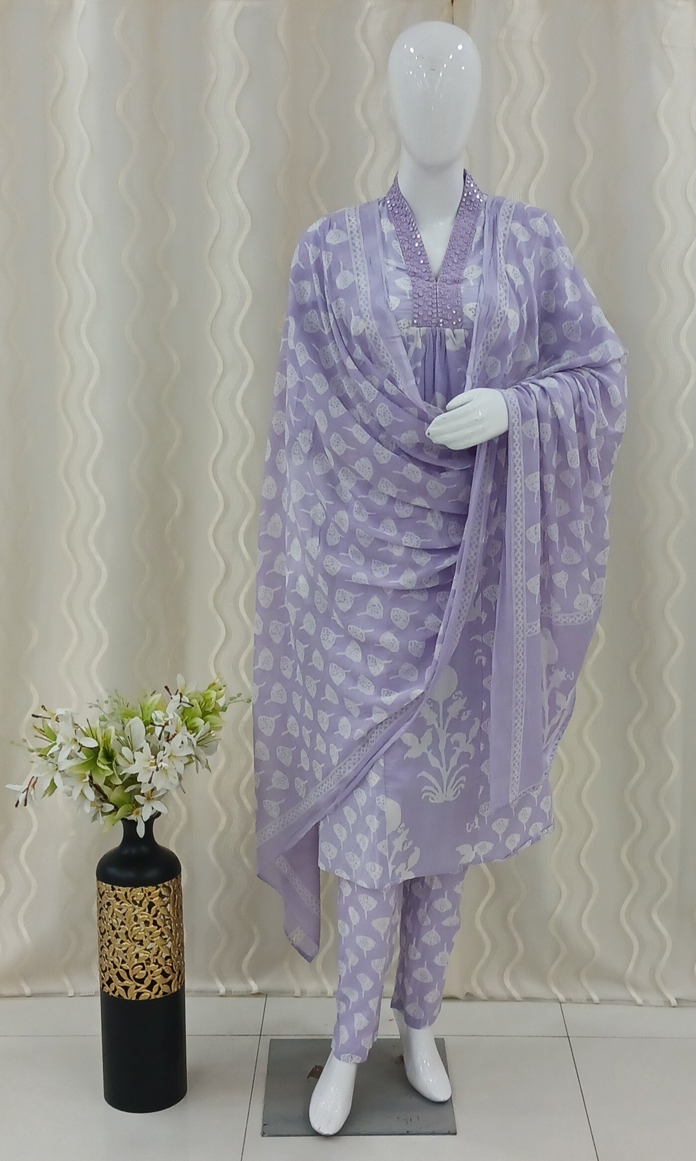Anarkali Cut 3-Piece Suit with Dupatta and 3/4 Sleeves