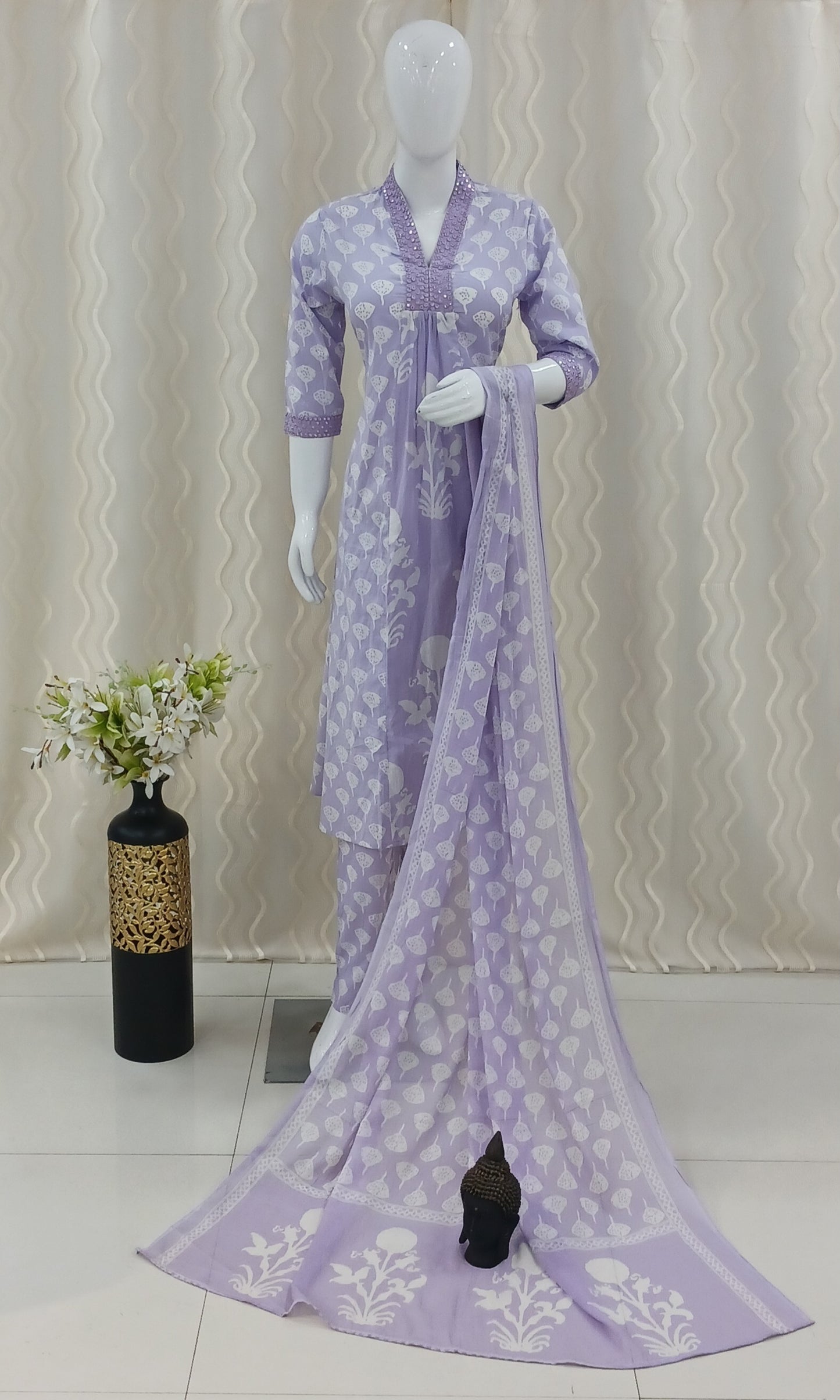 Anarkali Cut 3-Piece Suit with Dupatta and 3/4 Sleeves
