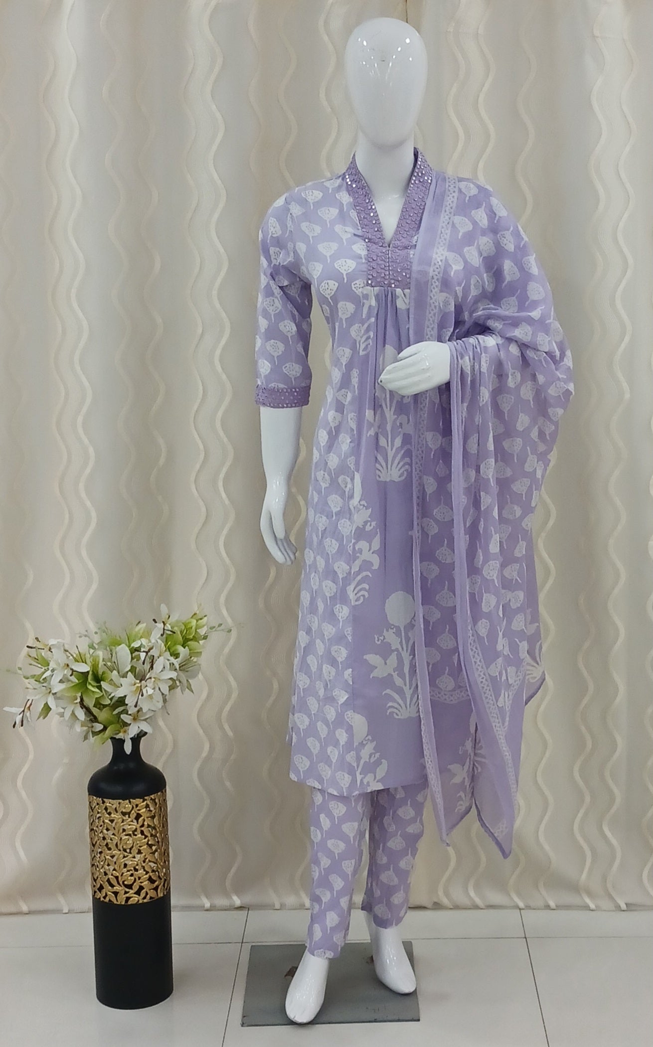 Anarkali Cut 3-Piece Suit with Dupatta and 3/4 Sleeves