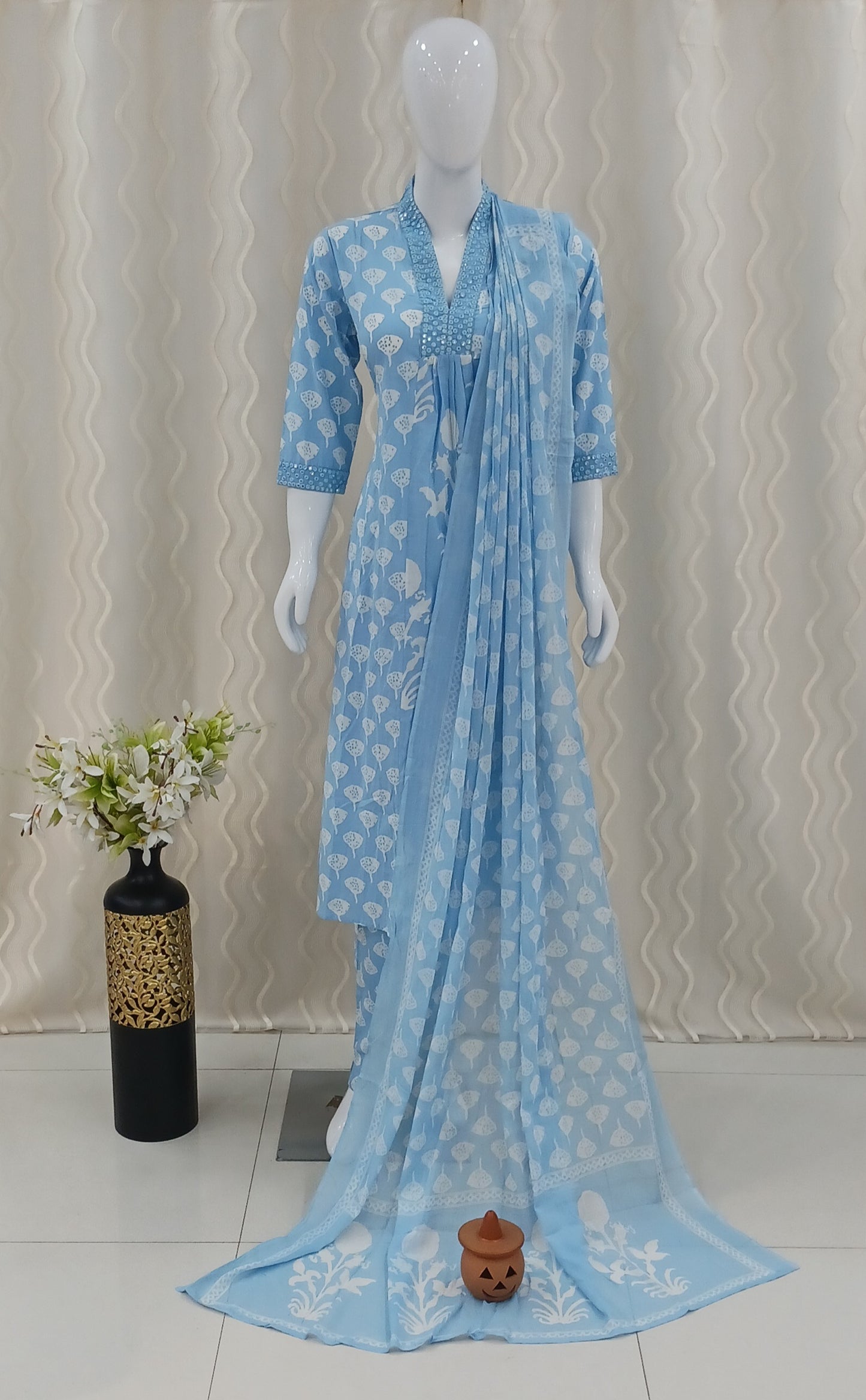 Anarkali Cut 3-Piece Suit with Dupatta and 3/4 Sleeves