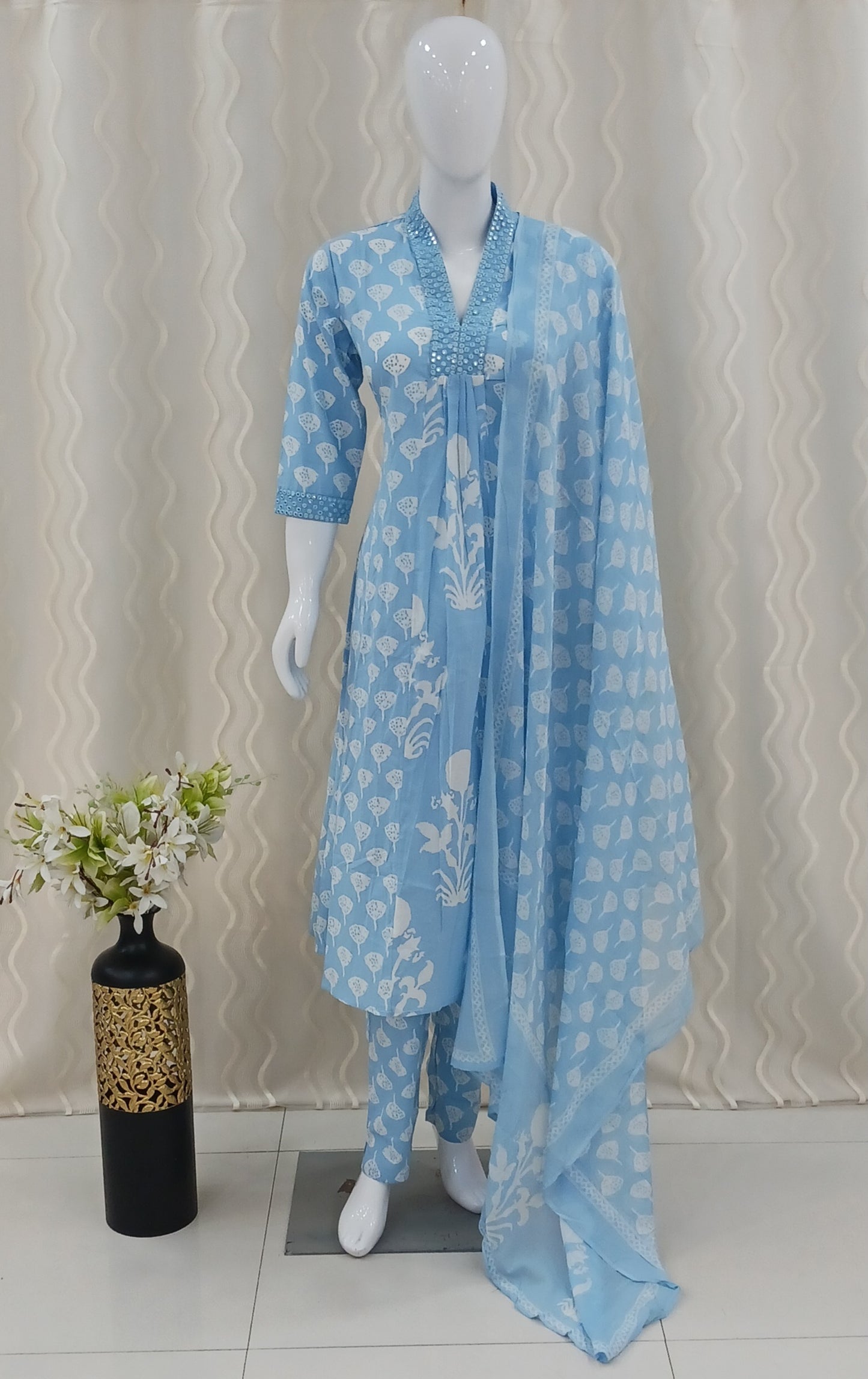 Anarkali Cut 3-Piece Suit with Dupatta and 3/4 Sleeves