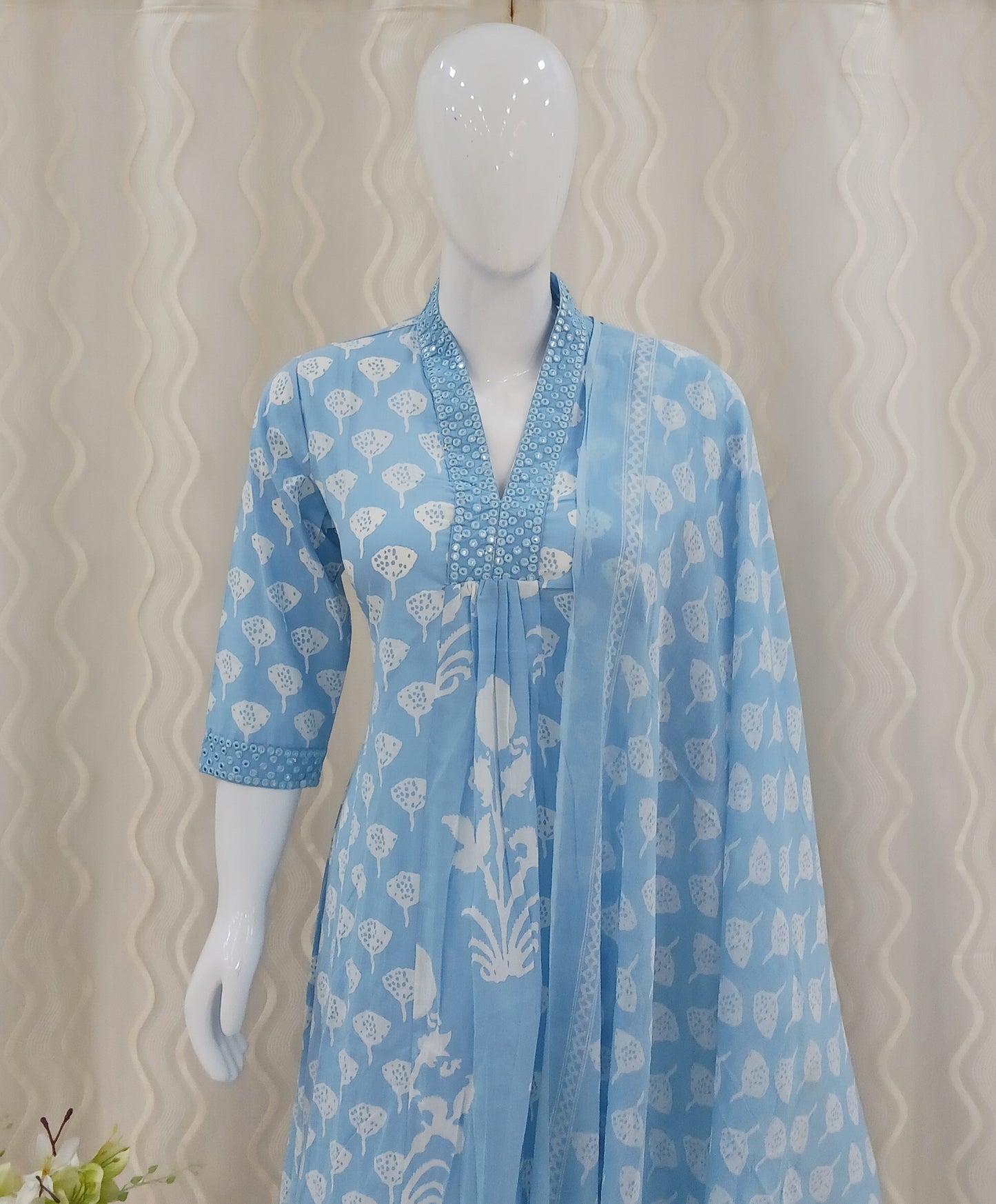 Anarkali Cut 3-Piece Suit with Dupatta and 3/4 Sleeves