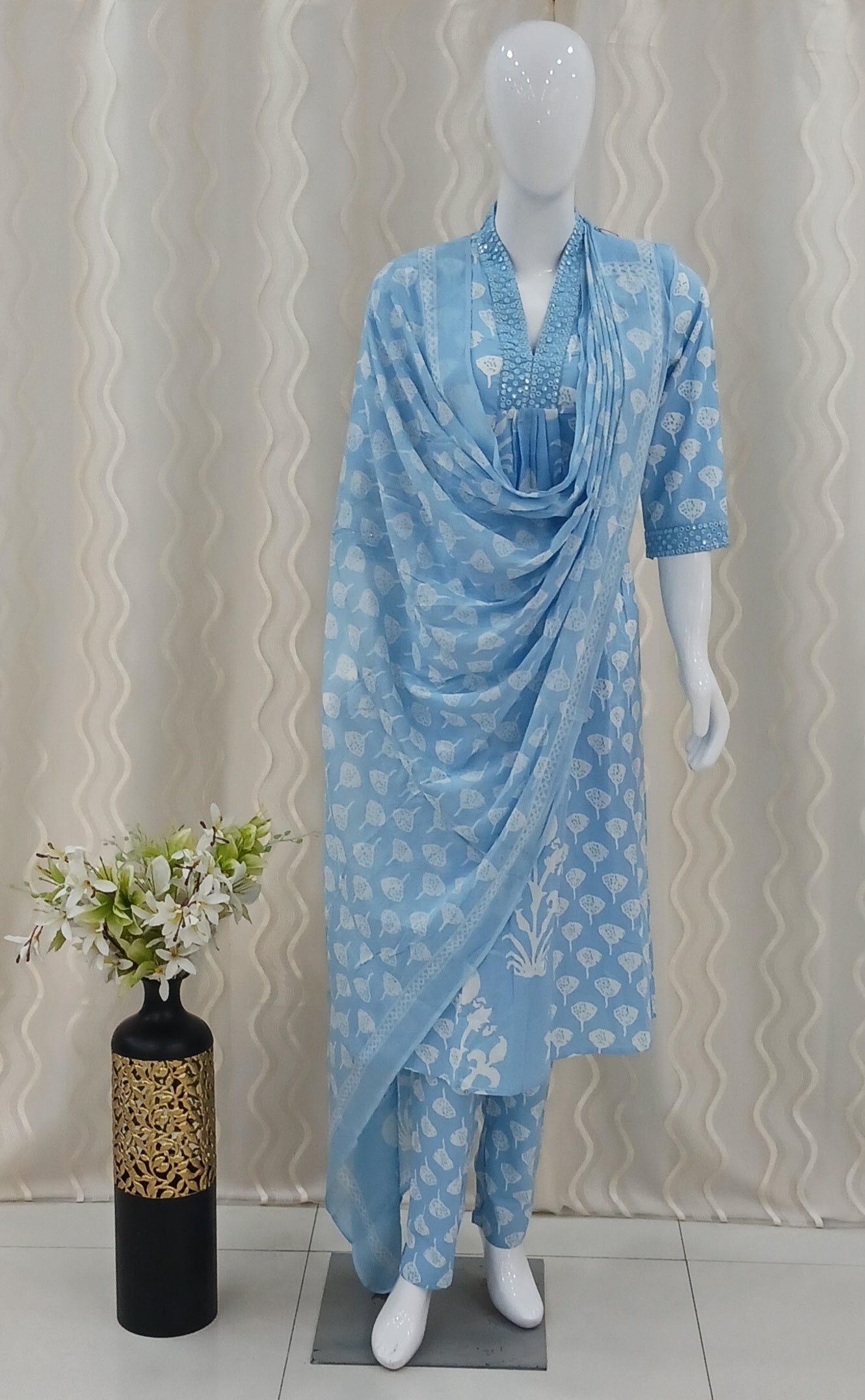 Anarkali Cut 3-Piece Suit with Dupatta and 3/4 Sleeves