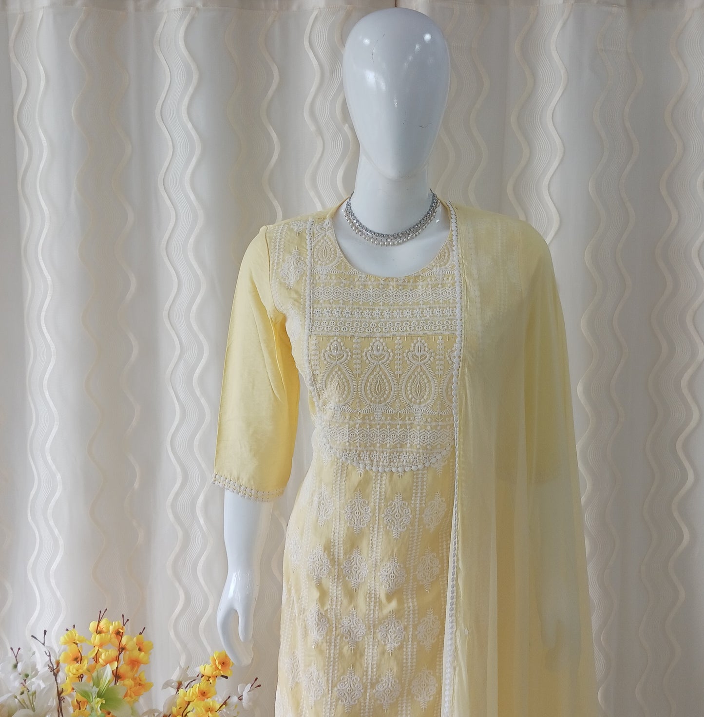 Straight Cut 3-Piece Suit with Dupatta and 3/4 Sleeves