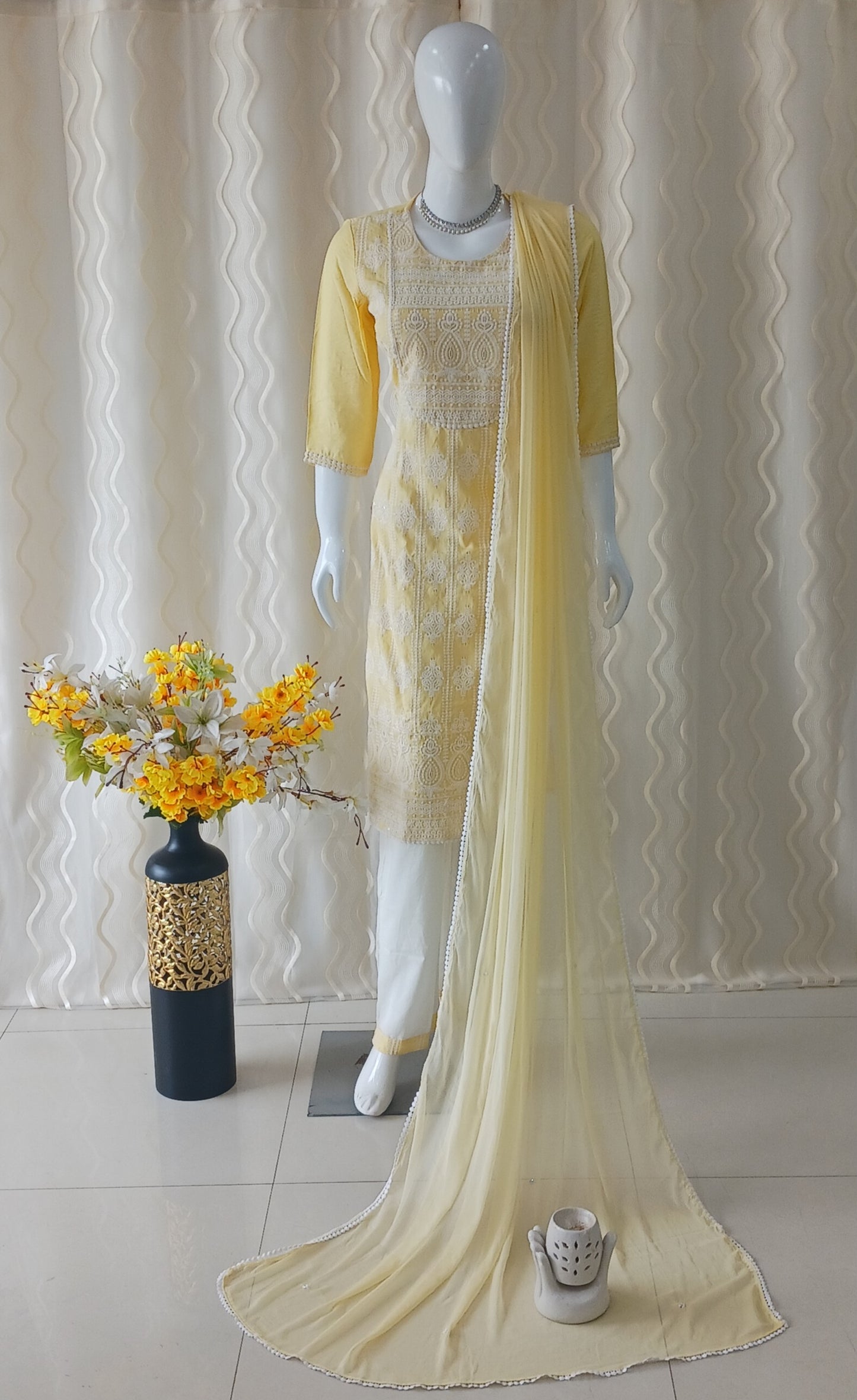 Straight Cut 3-Piece Suit with Dupatta and 3/4 Sleeves