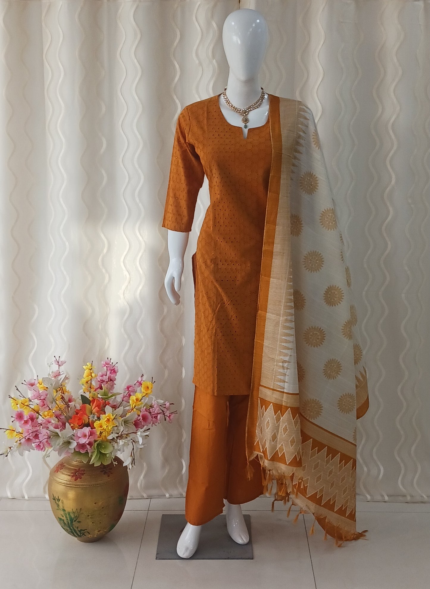 Straight Cut 3-Piece Suit with Dupatta and 3/4 Sleeves