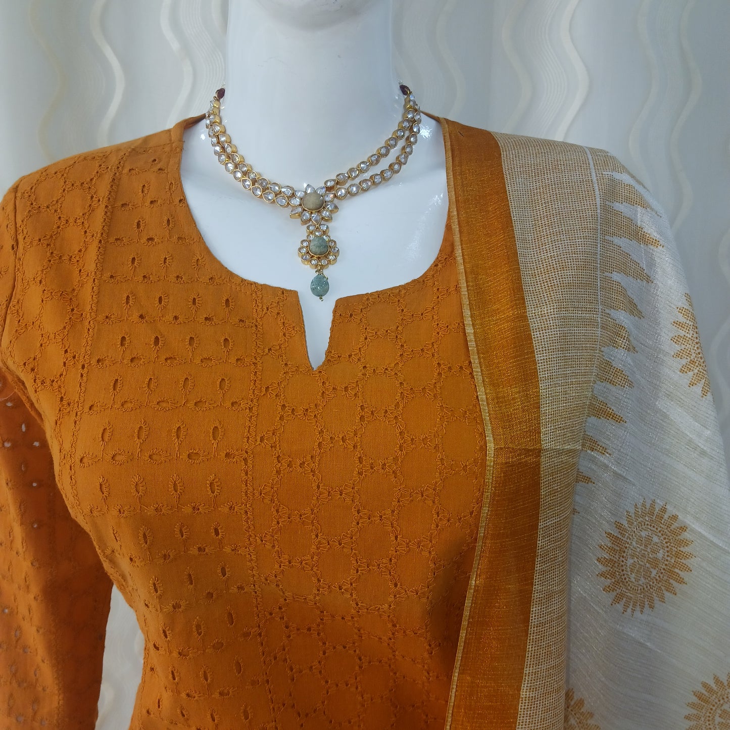 Straight Cut 3-Piece Suit with Dupatta and 3/4 Sleeves