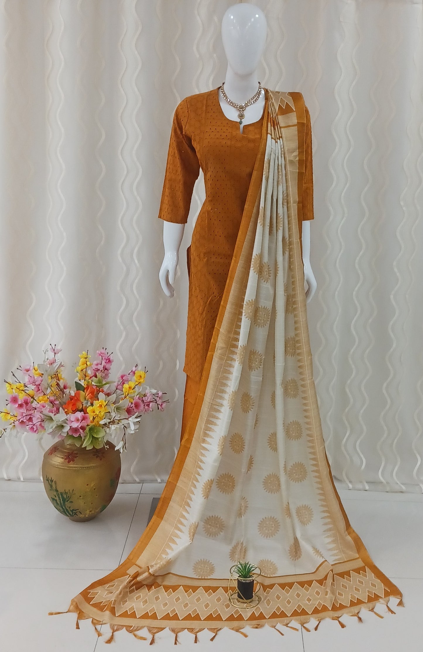 Straight Cut 3-Piece Suit with Dupatta and 3/4 Sleeves