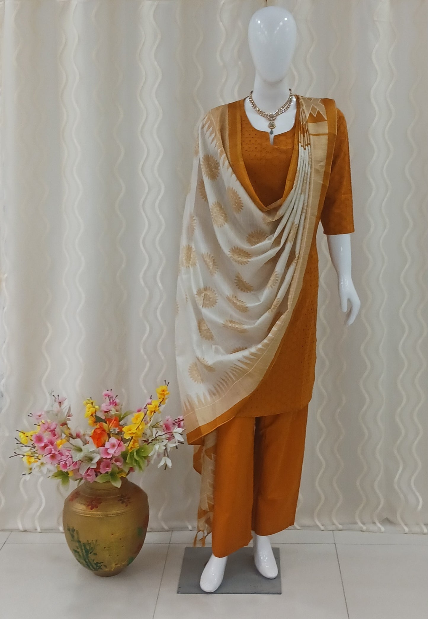 Straight Cut 3-Piece Suit with Dupatta and 3/4 Sleeves