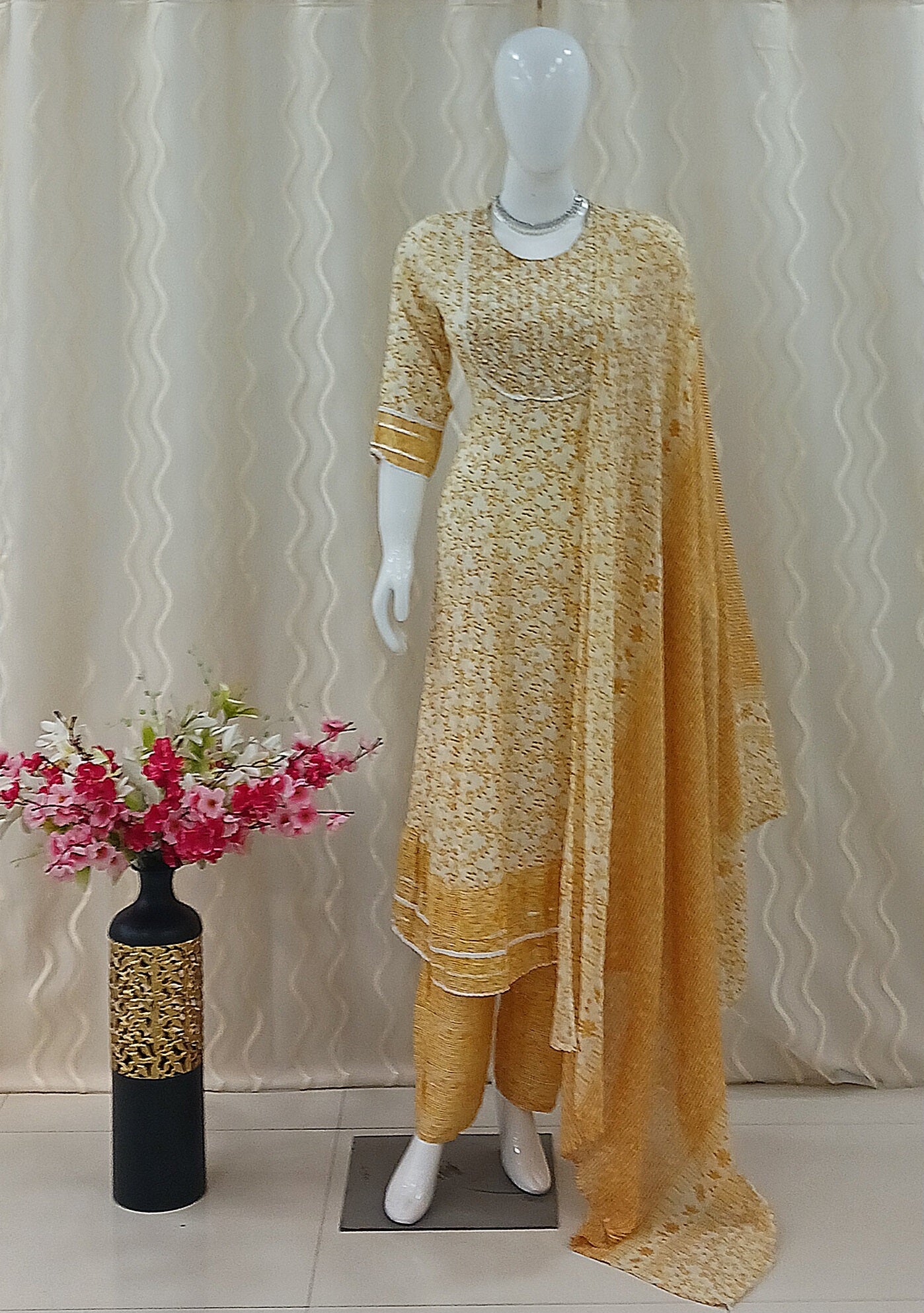 Anarkali Cut 3-Piece Suit with Dupatta and 3/4 Sleeves