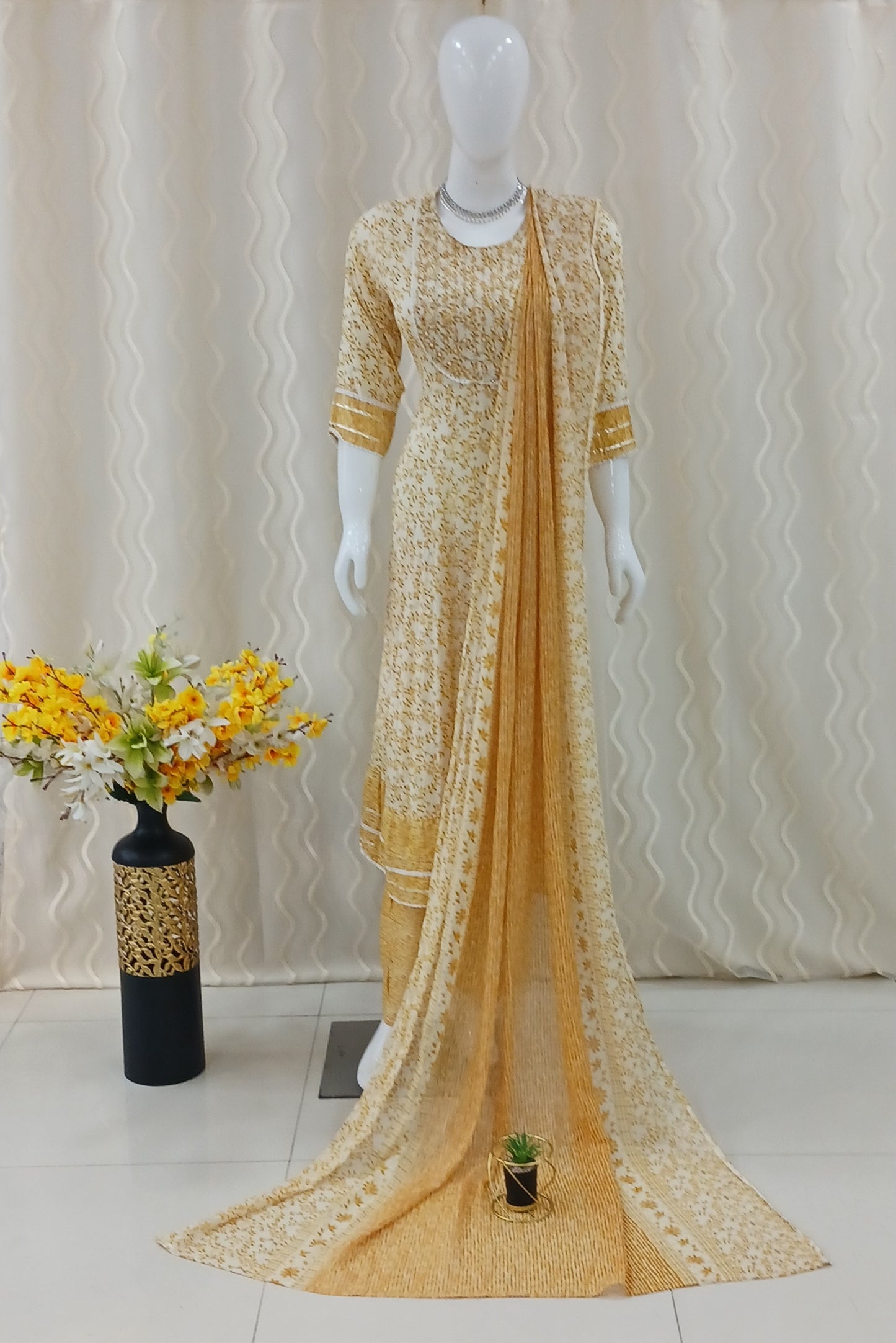 Anarkali Cut 3-Piece Suit with Dupatta and 3/4 Sleeves