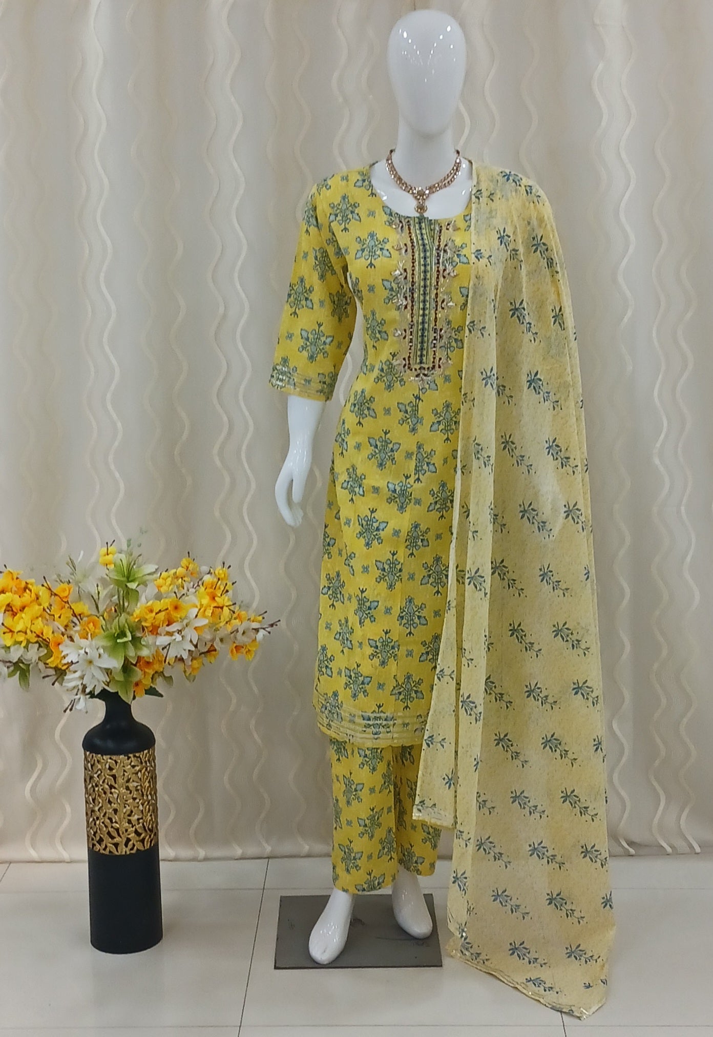 Anarkali Cut 3-Piece Suit with Dupatta and 3/4 Sleeves