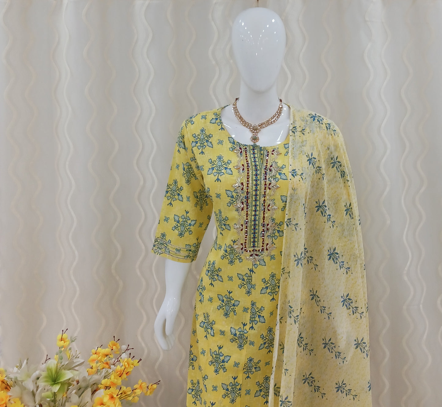 Anarkali Cut 3-Piece Suit with Dupatta and 3/4 Sleeves