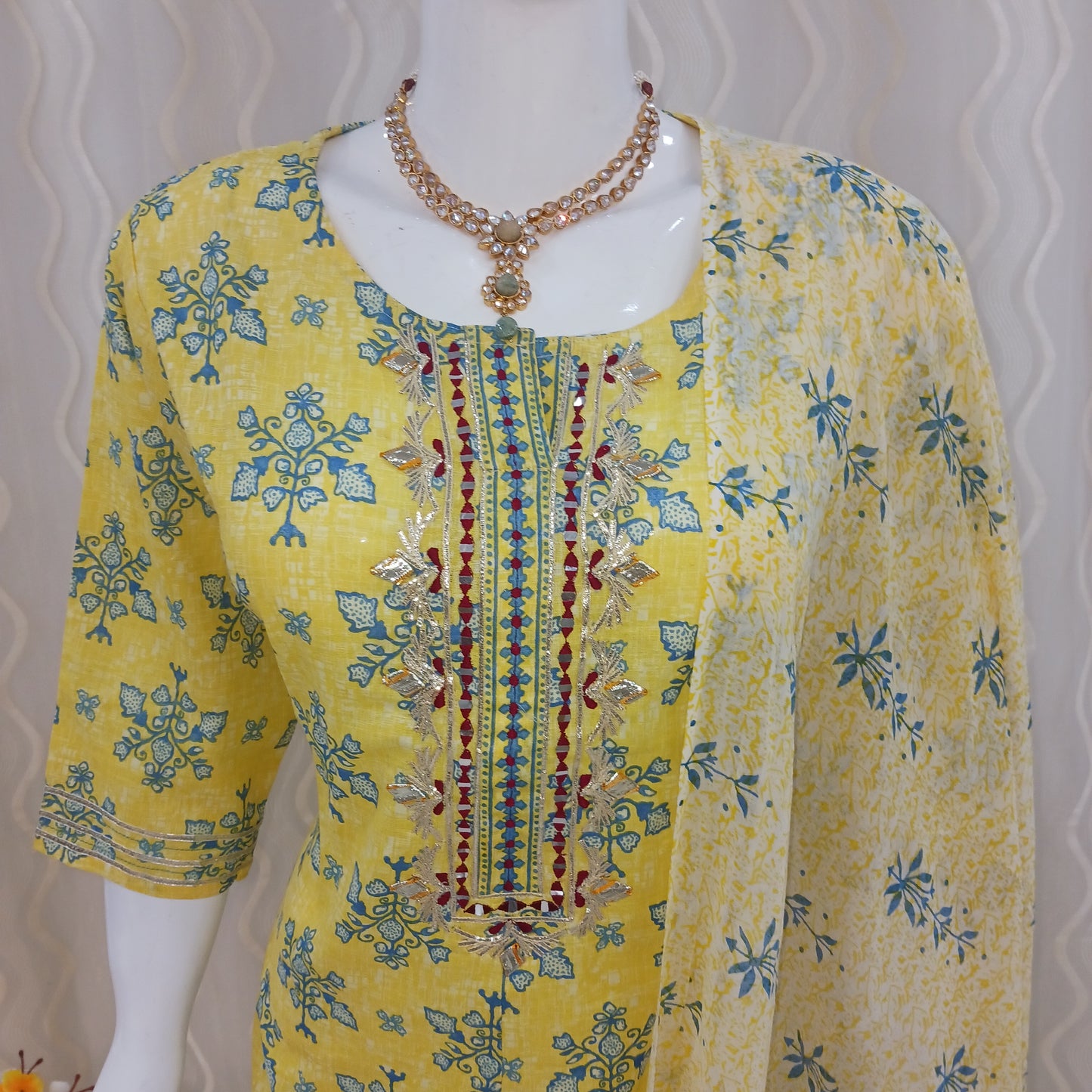 Anarkali Cut 3-Piece Suit with Dupatta and 3/4 Sleeves