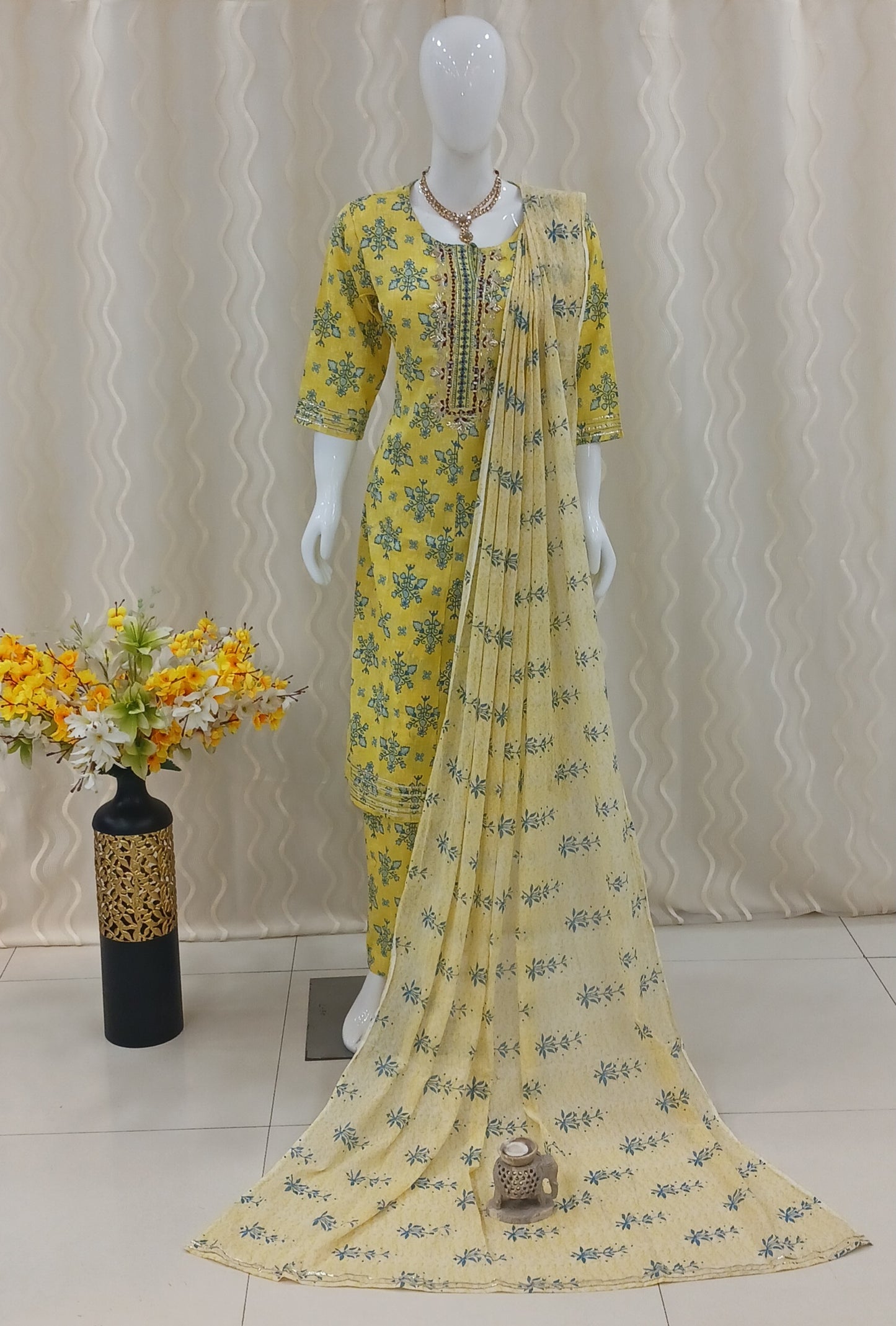 Anarkali Cut 3-Piece Suit with Dupatta and 3/4 Sleeves