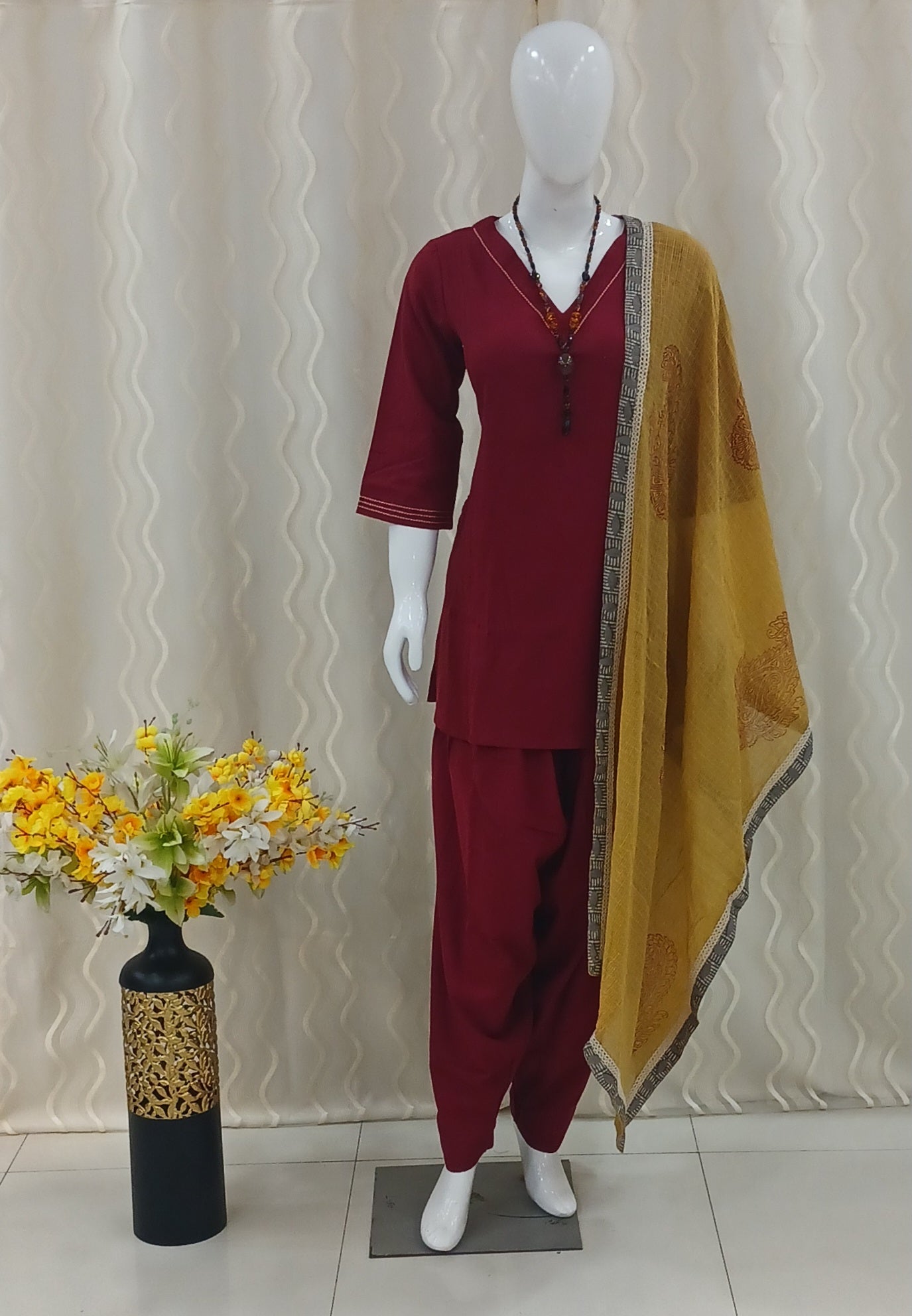 Straight Cut Patiyala Pant 3-Piece Suit with Dupatta and 3/4 Sleeves