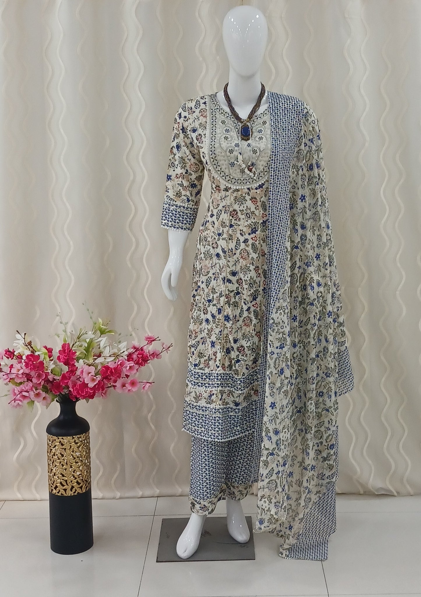 Anarkali Cut 3-Piece Suit with Dupatta and 3/4 Sleeves