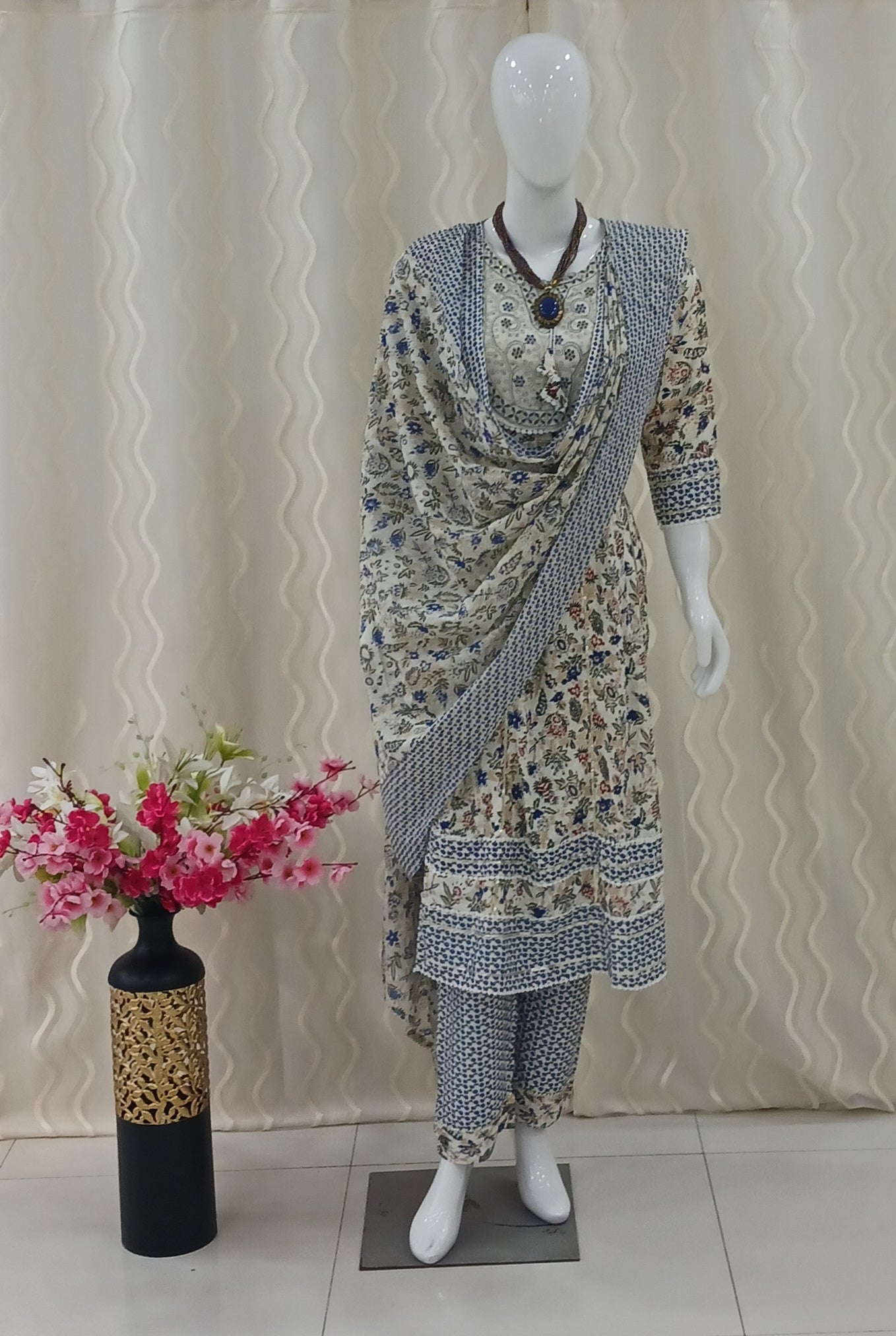 Anarkali Cut 3-Piece Suit with Dupatta and 3/4 Sleeves