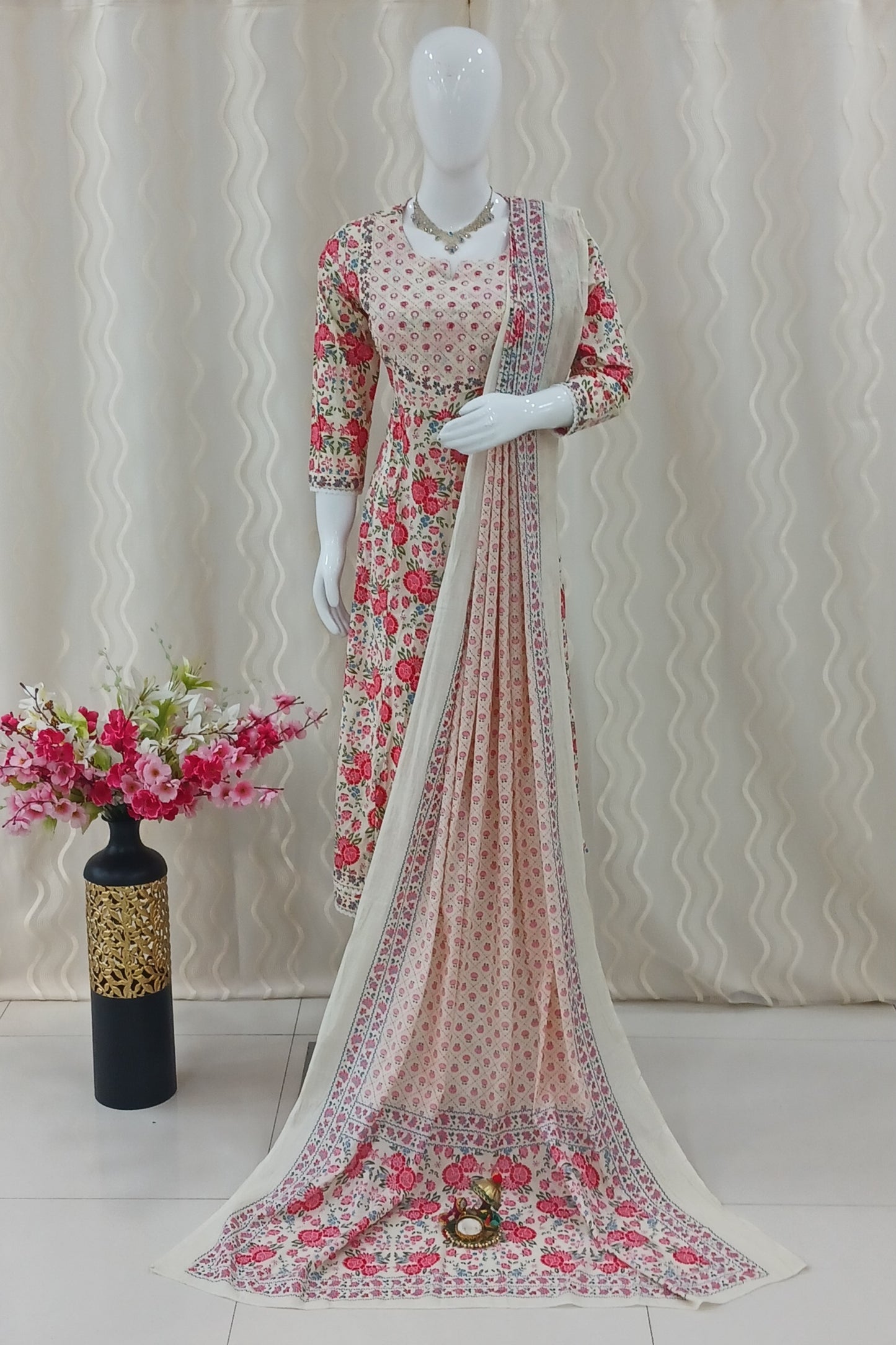 Anarkali Cut 3-Piece Suit with Dupatta and 3/4 Sleeves