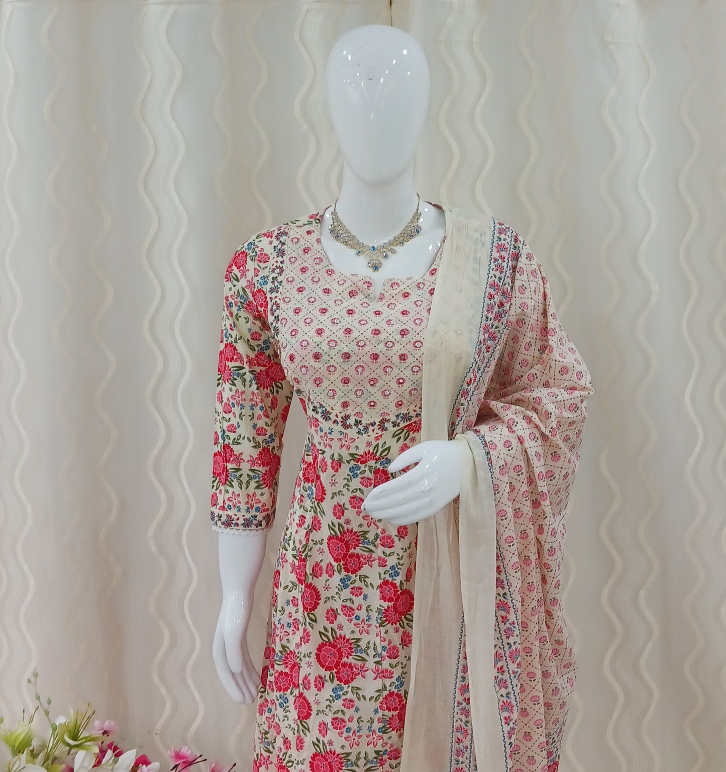 Anarkali Cut 3-Piece Suit with Dupatta and 3/4 Sleeves