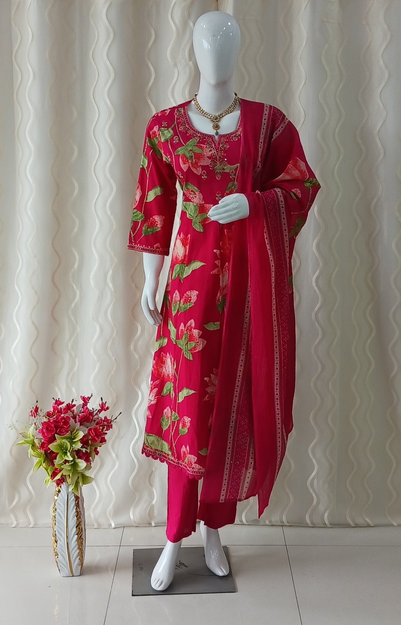 Anarkali Cut 3-Piece Suit with Dupatta and 3/4 Sleeves