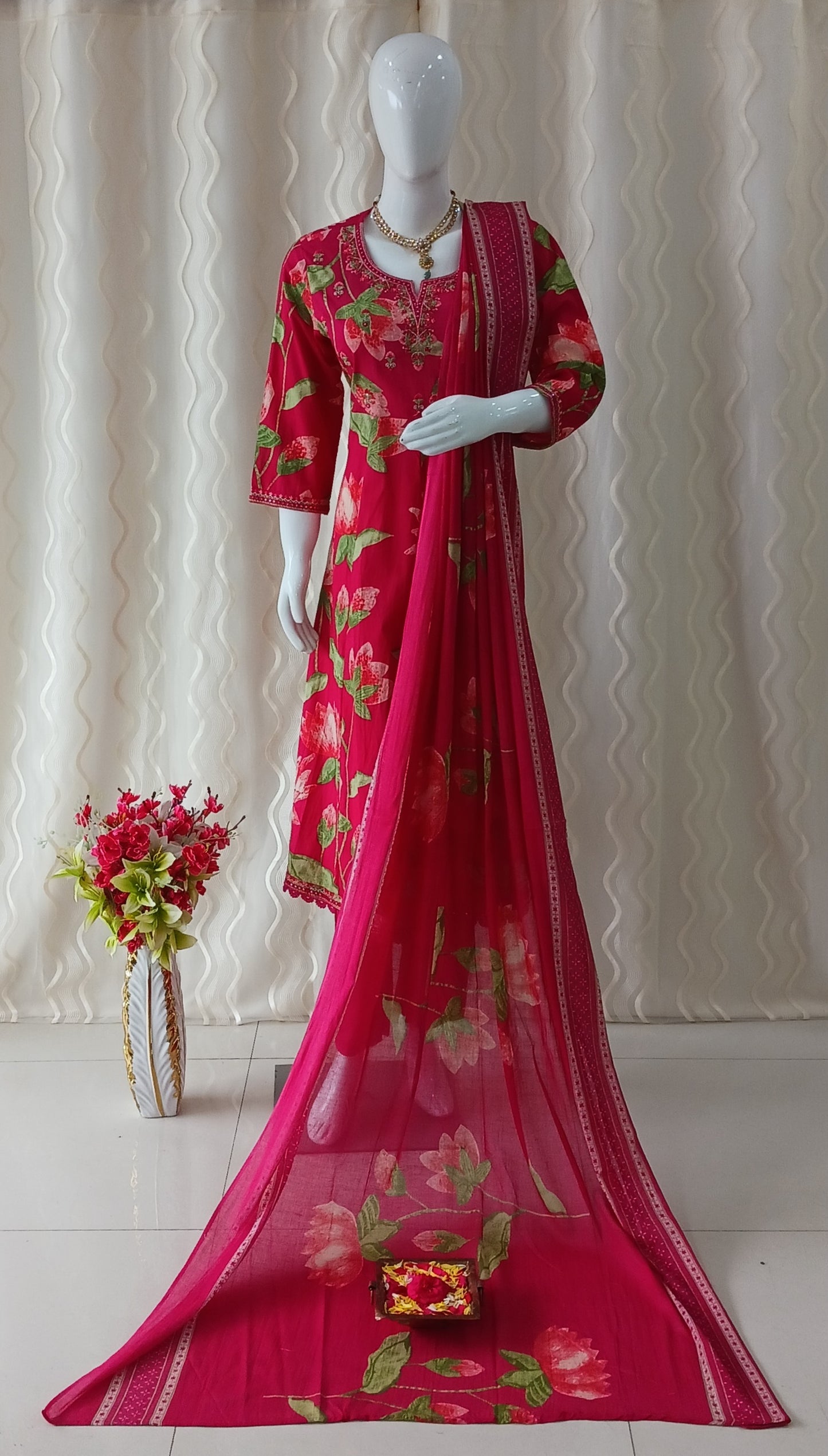 Anarkali Cut 3-Piece Suit with Dupatta and 3/4 Sleeves