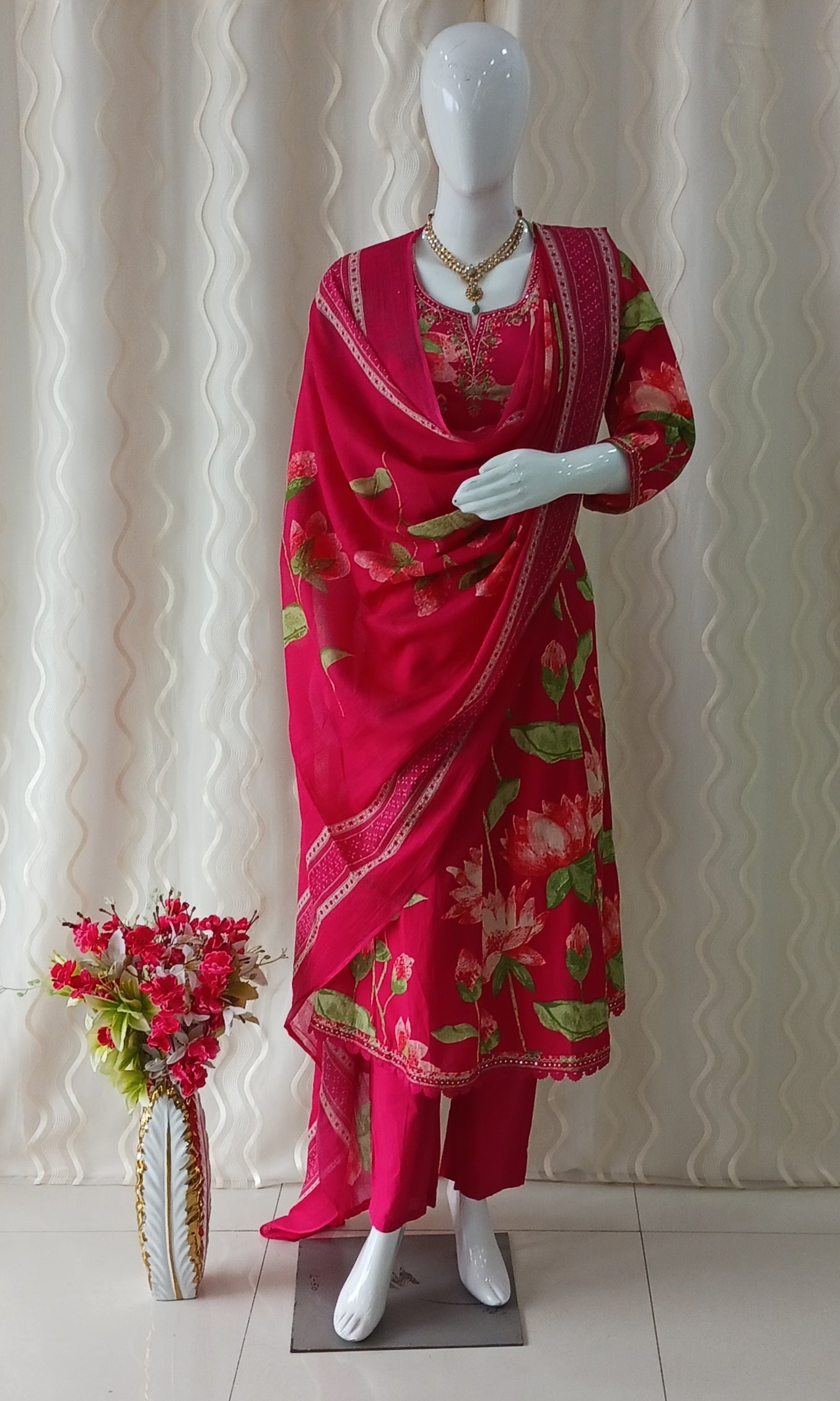 Anarkali Cut 3-Piece Suit with Dupatta and 3/4 Sleeves