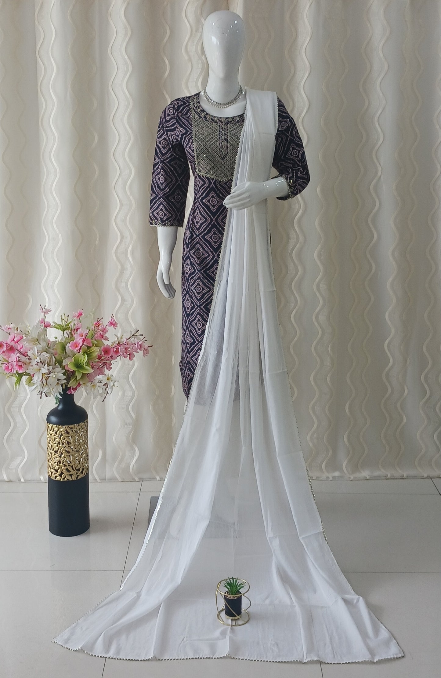 Anarkali Cut 3-Piece Suit with Dupatta and 3/4 Sleeves