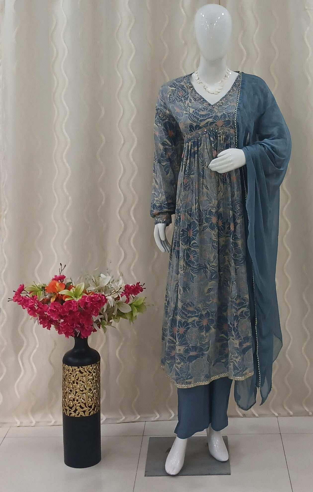 Anarkali Cut 3-Piece Suit with Dupatta and 3/4 Sleeves