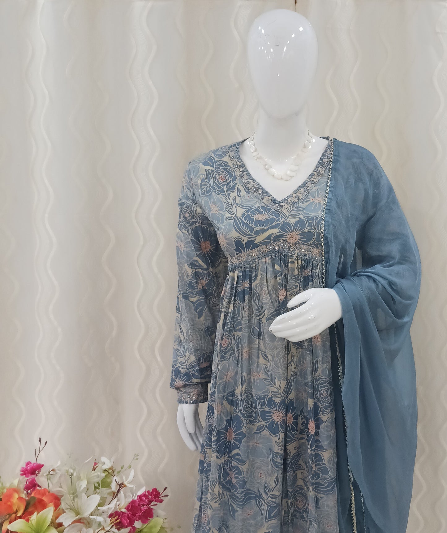 Anarkali Cut 3-Piece Suit with Dupatta and 3/4 Sleeves