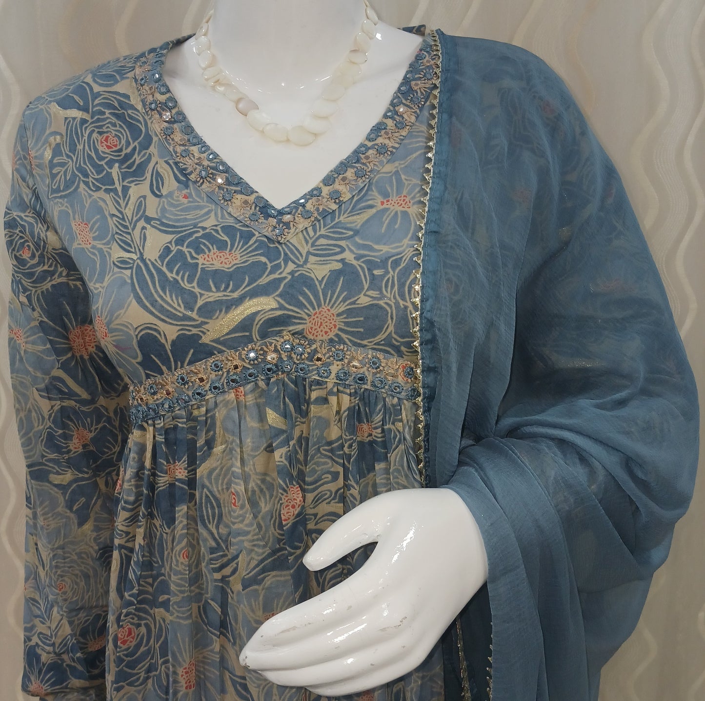 Anarkali Cut 3-Piece Suit with Dupatta and 3/4 Sleeves