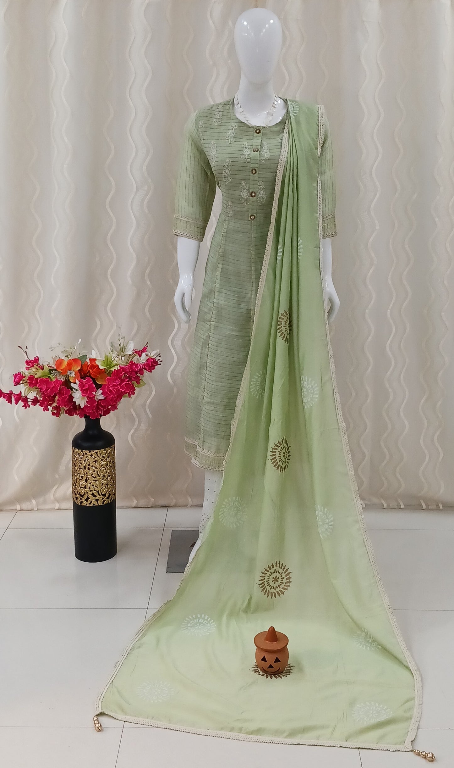 Anarkali Cut 3-Piece Suit with Dupatta and 3/4 Sleeves