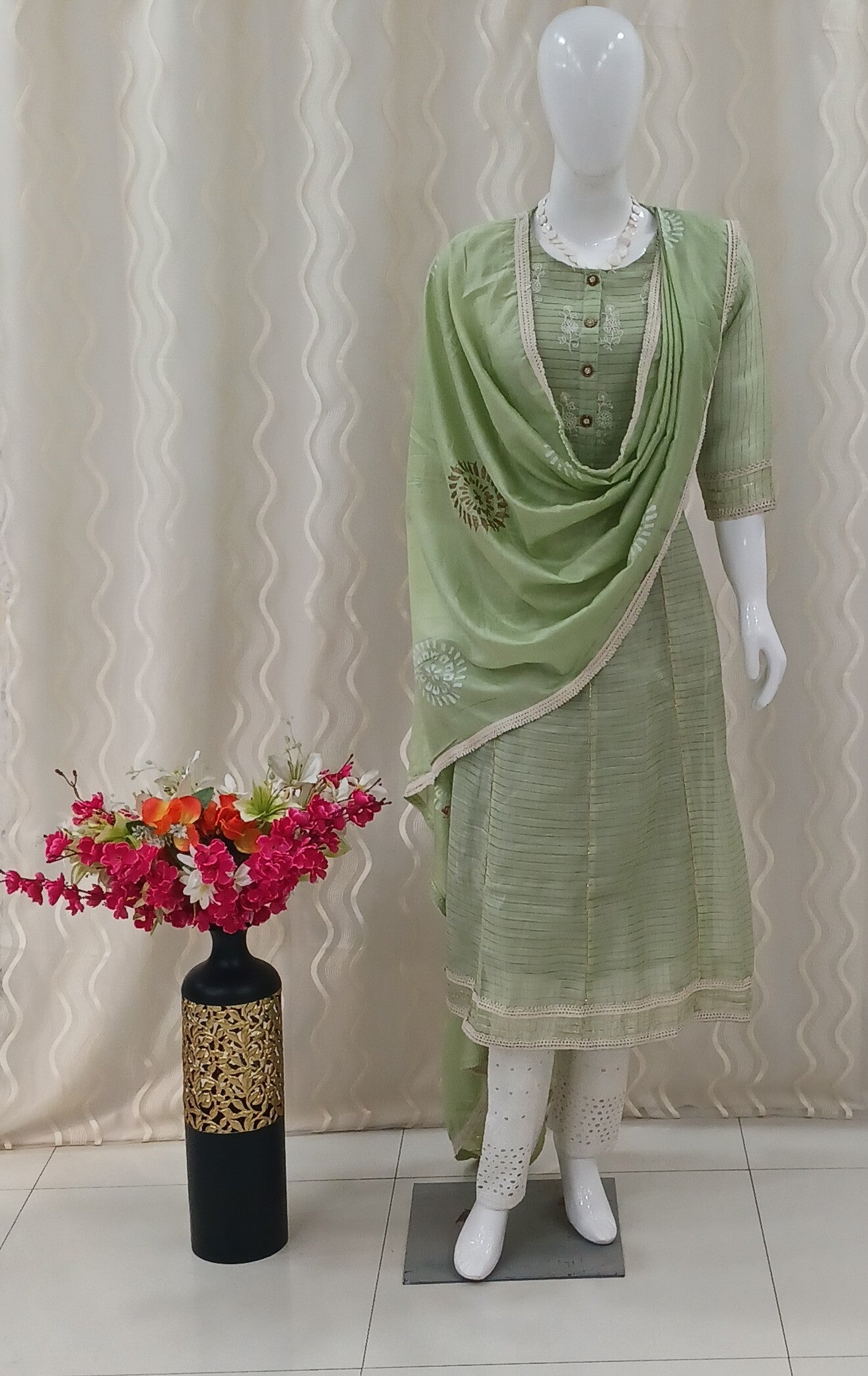 Anarkali Cut 3-Piece Suit with Dupatta and 3/4 Sleeves